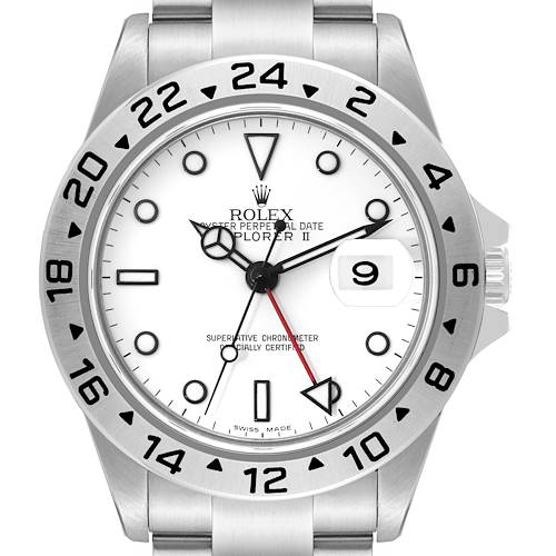 The Rolex Explorer 16570 Men's Stainless Steel White Dial II watch is shown from a frontal angle, highlighting the dial, bezel, and bracelet.