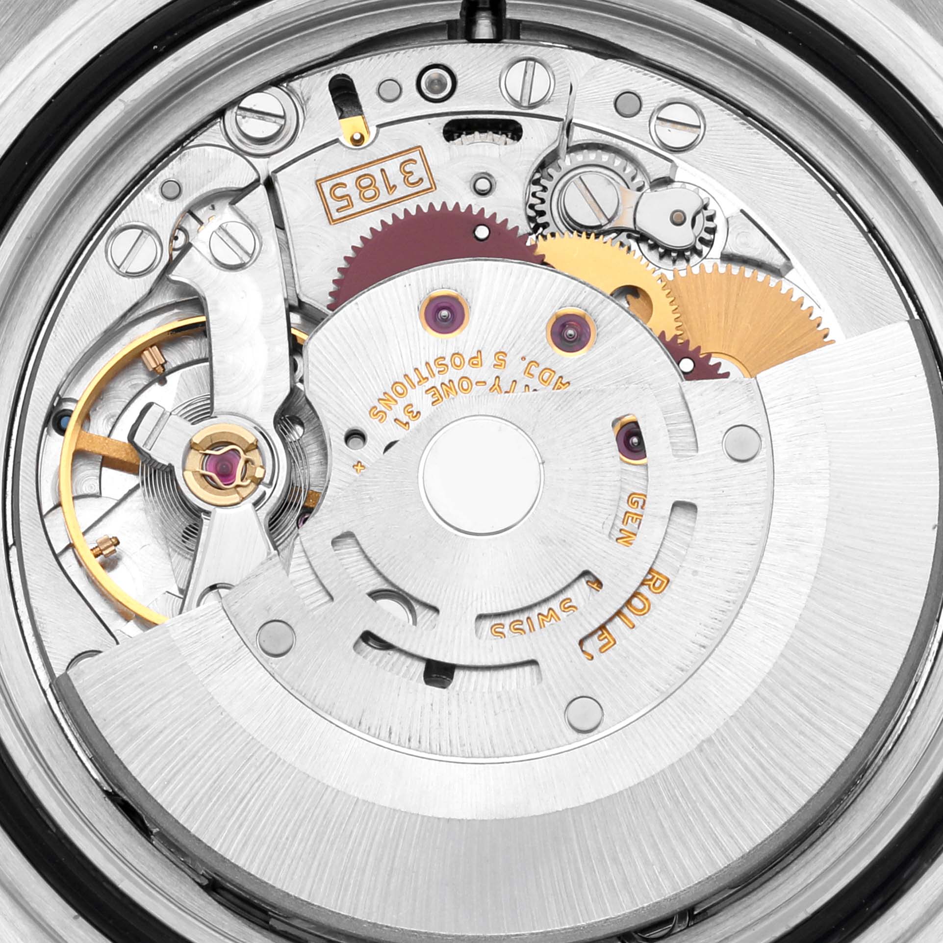 The image shows a close-up of the movement of a Rolex Explorer 16570 Men's Stainless Steel White Dial, highlighting gears and the intricate mechanism.