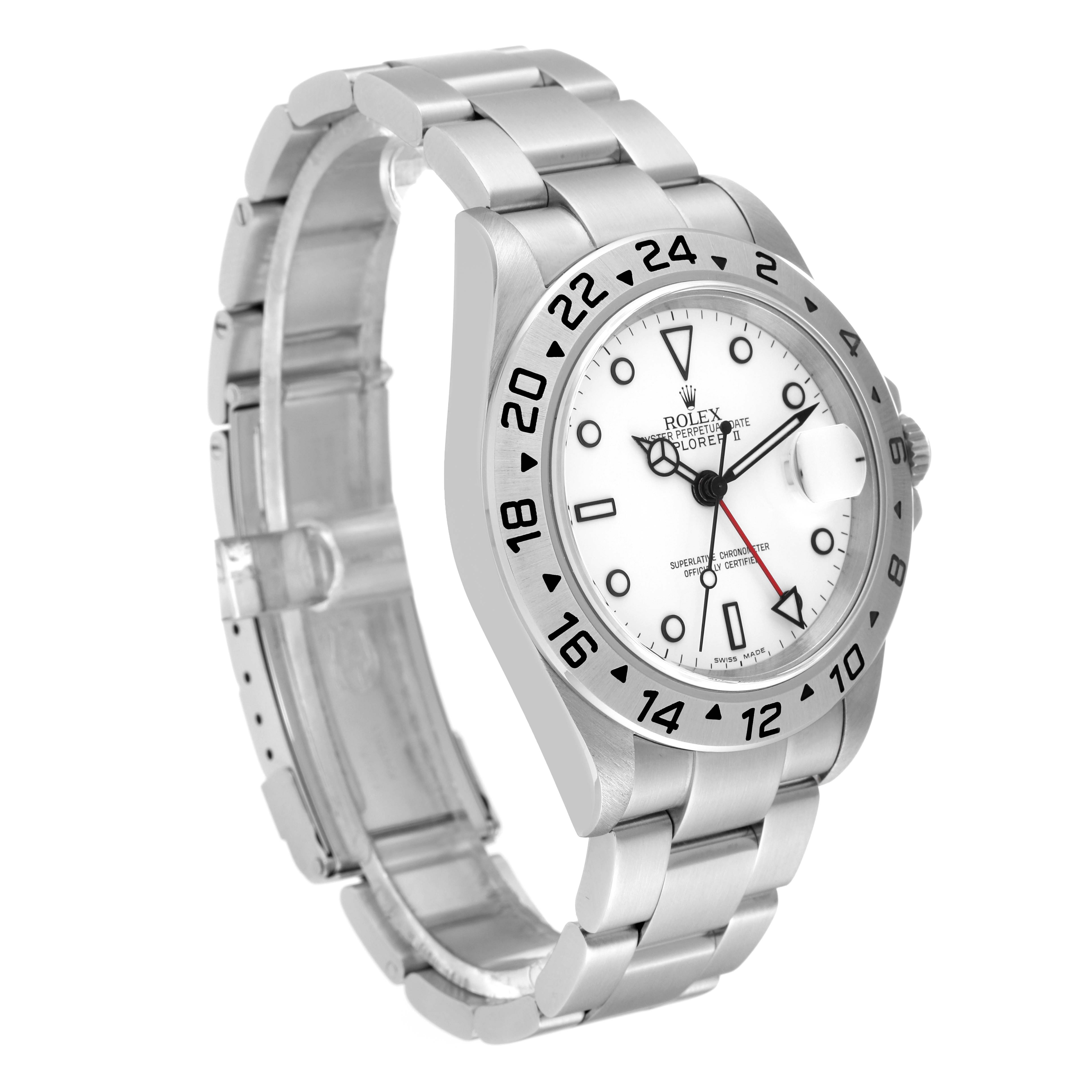 The Rolex Explorer 16570 Men's Stainless Steel White Dial watch is shown at a three-quarter angle, displaying the face, bezel, and bracelet.
