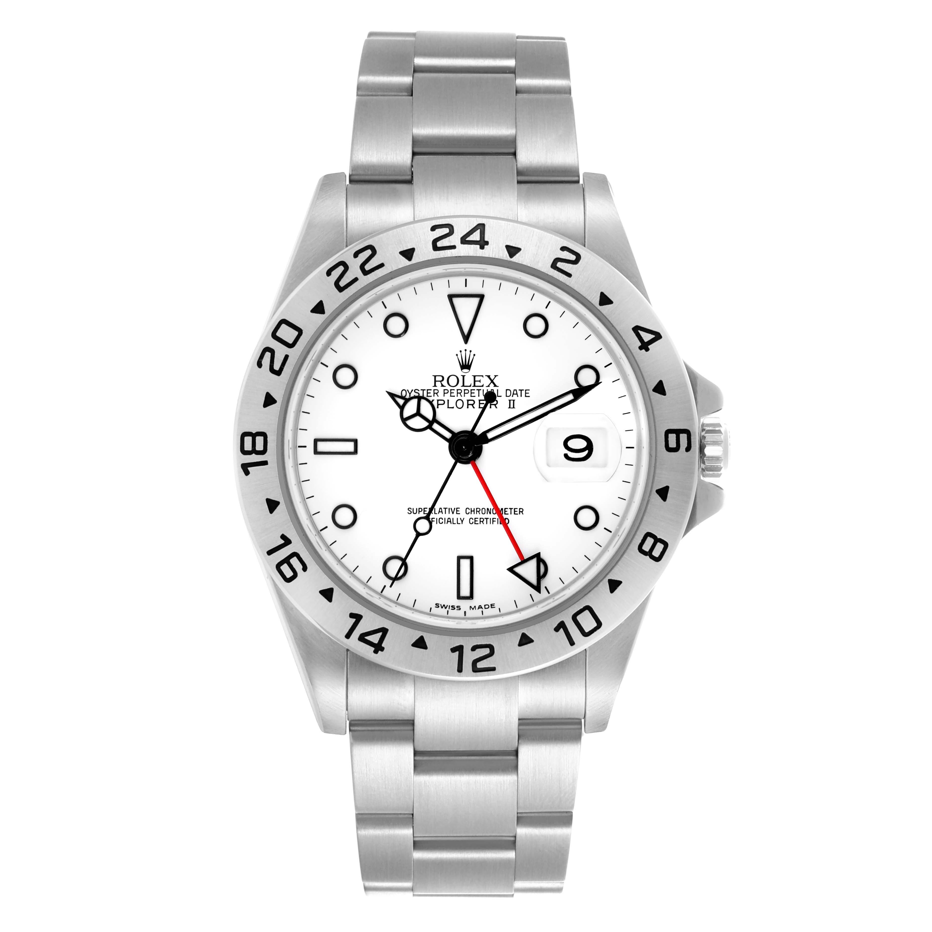 The Rolex Explorer 16570 Men's Stainless Steel White Dial watch is shown from the front, displaying the bracelet, bezel, dial, and date feature.