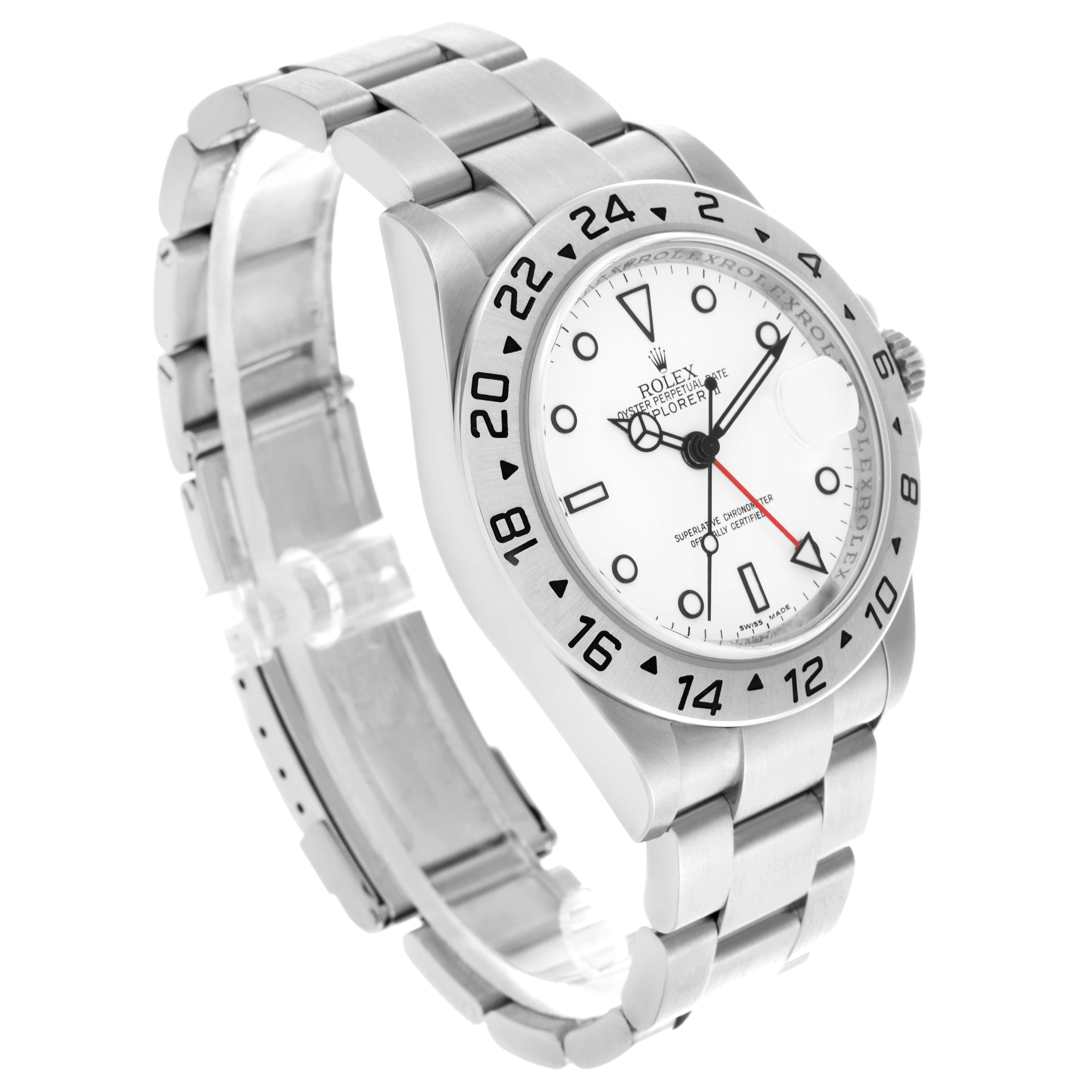 The Rolex Explorer 16570 Men's Stainless Steel White Dial watch is shown at a three-quarter angle, displaying the dial, bezel, bracelet, and part of the clasp.