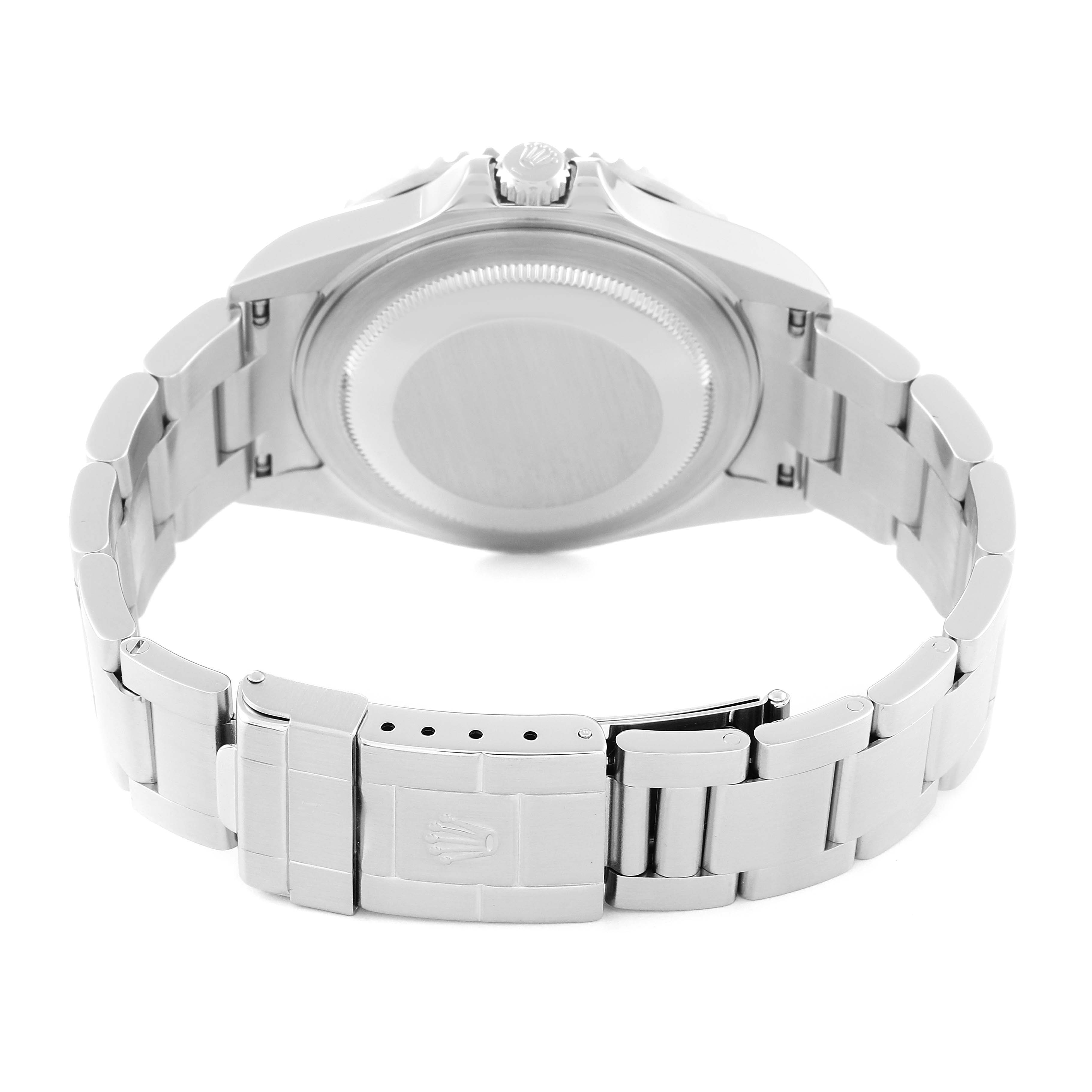 This image shows the back view of a Rolex GMT-Master 16710 Men's Stainless Steel Black Dial 16710 Men's Stainless Steel Black Dial watch, highlighting its case back, crown, and bracelet with a folded clasp.