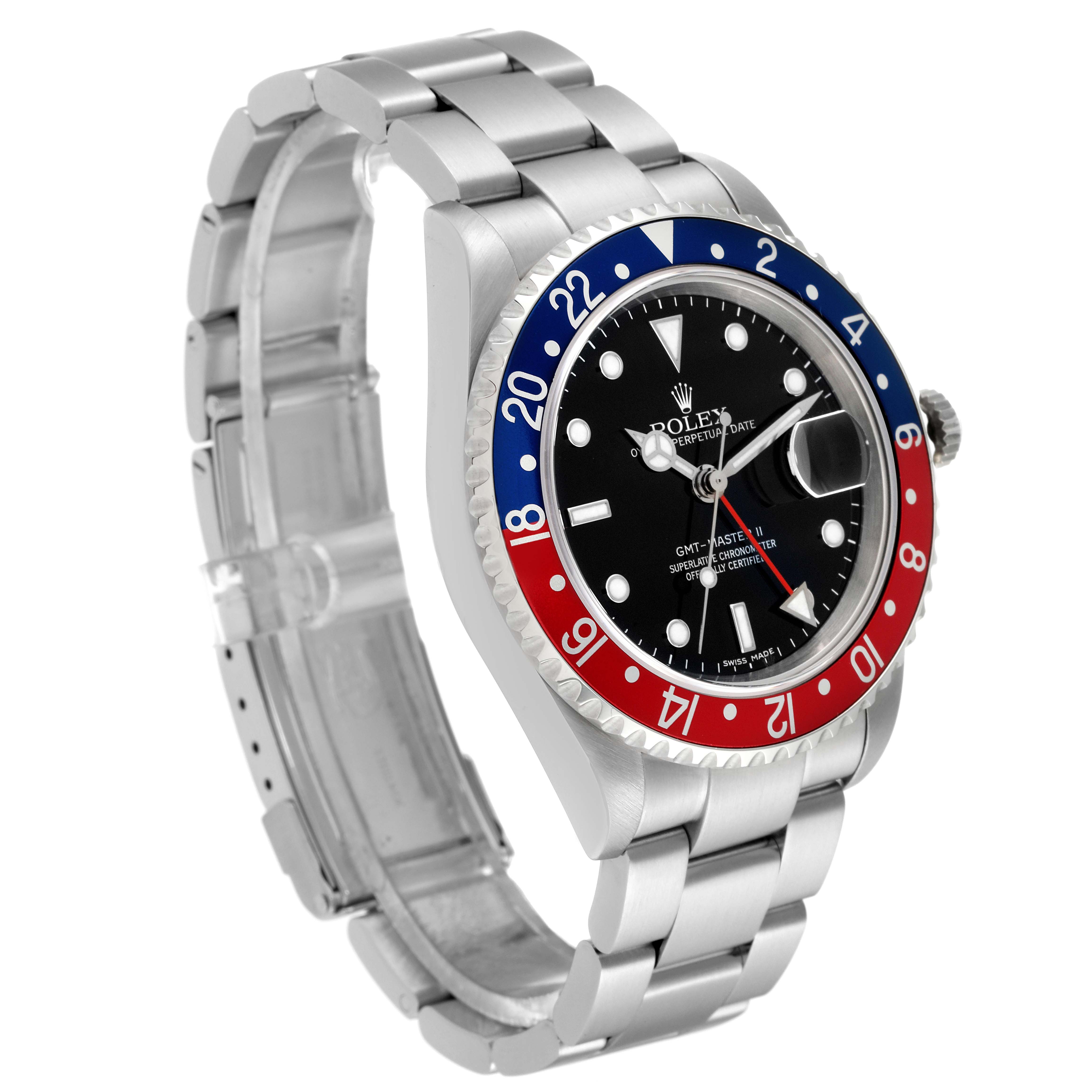 This image shows a three-quarter view of a Rolex GMT-Master 16710 Men's Stainless Steel Black Dial 16710 Men's Stainless Steel Black Dial watch, highlighting its bezel, dial, and bracelet.