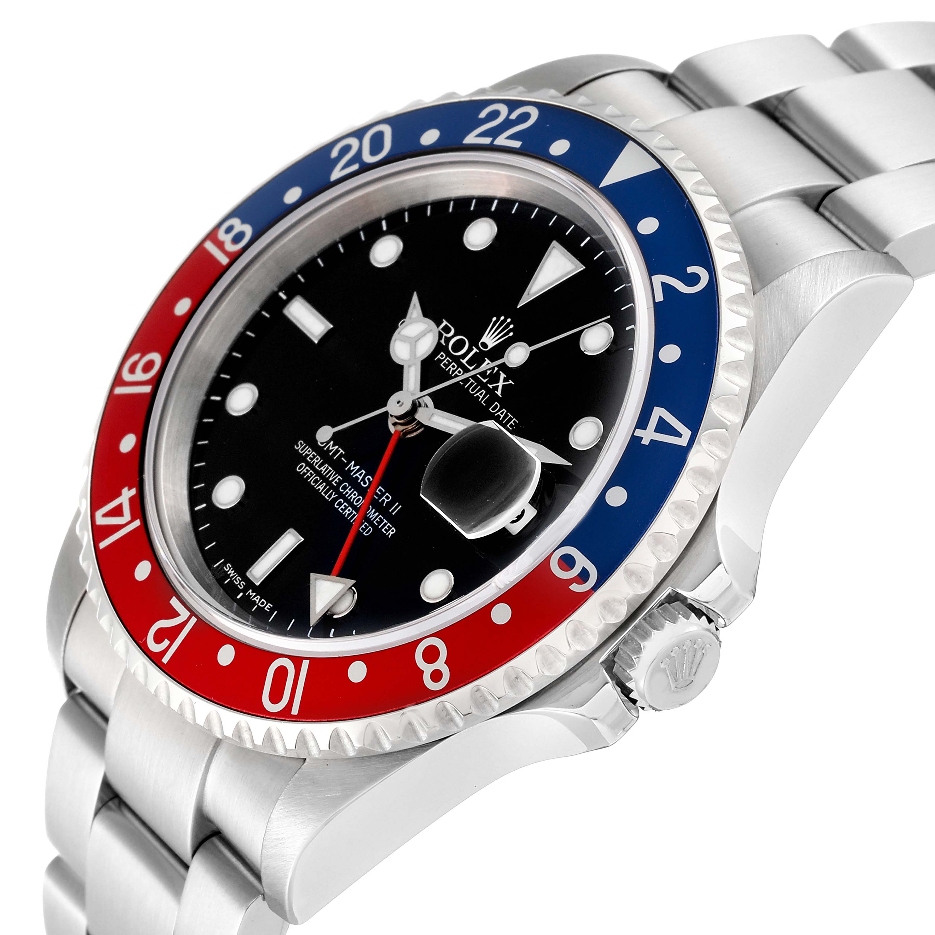 The Rolex GMT-Master 16710 Men's Stainless Steel Black Dial 16710 Men's Stainless Steel Black Dial watch is shown at an oblique angle, highlighting its bezel, dial, crown, and bracelet.