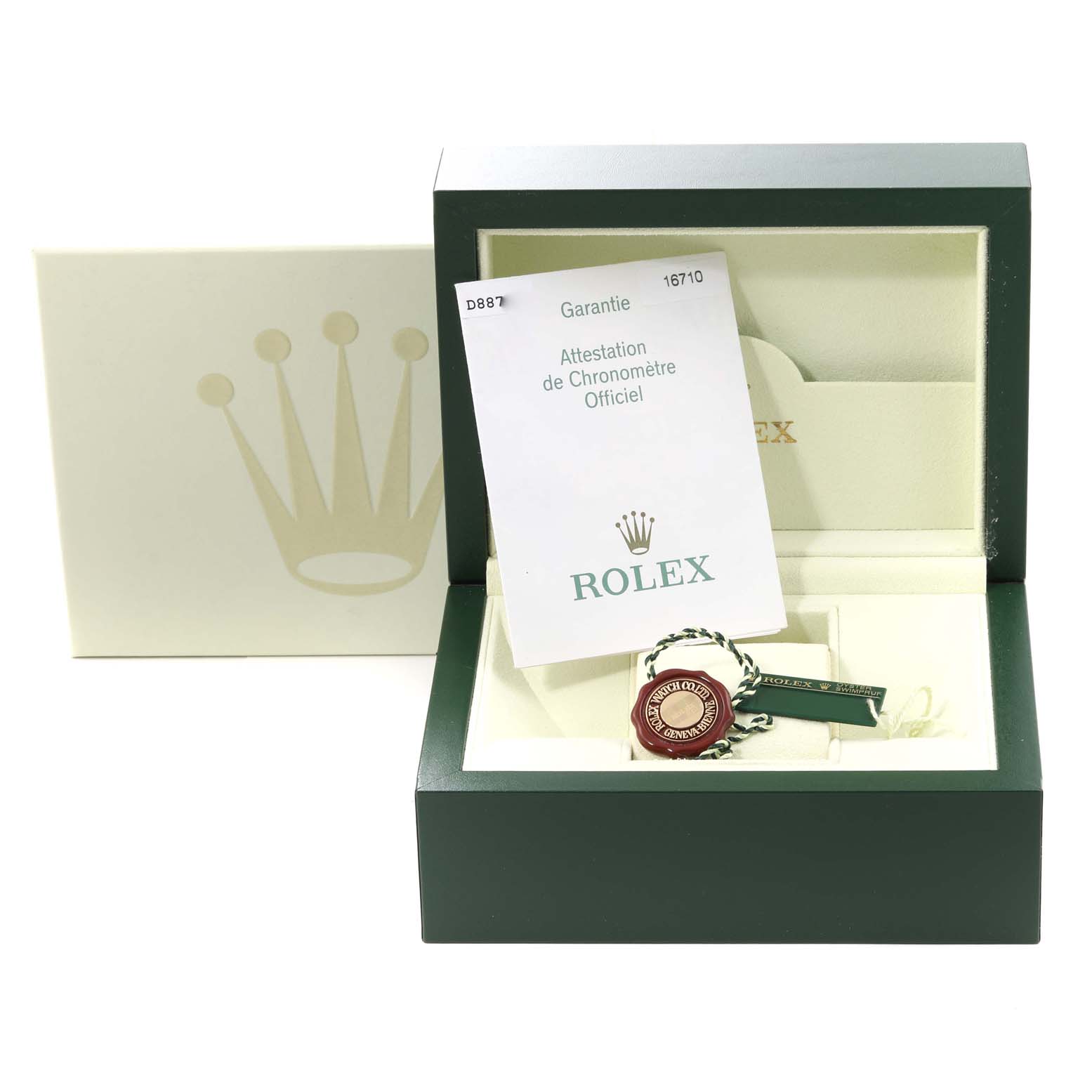 The image shows a Rolex GMT-Master 16710 Men's Stainless Steel Black Dial 16710 Men's Stainless Steel Black Dial box with a manual and tag inside, viewed from the front at eye level.