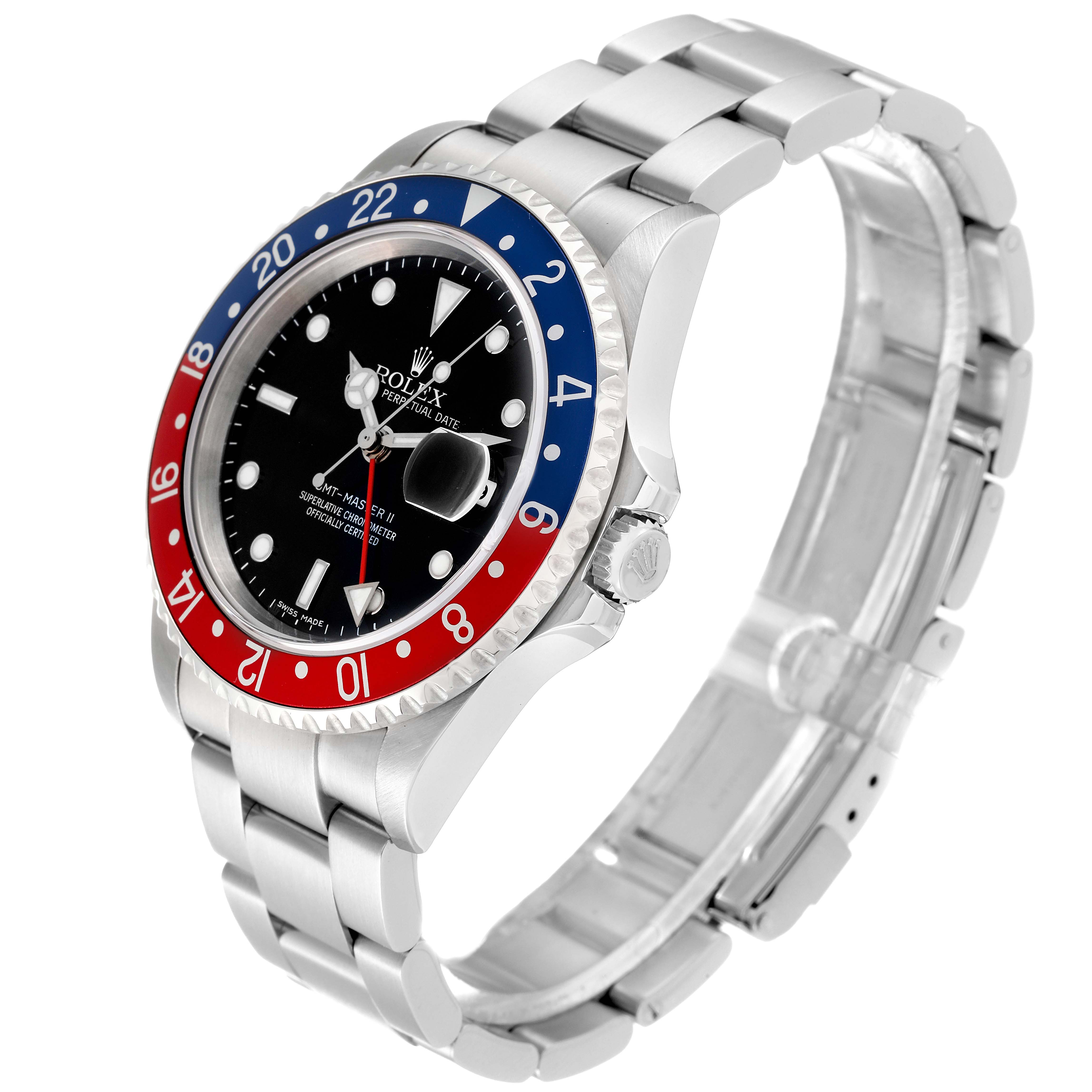 The image shows a Rolex GMT-Master 16710 Men's Stainless Steel Black Dial 16710 Men's Stainless Steel Black Dial watch at an angled side view, highlighting its bezel, dial, and metal bracelet.