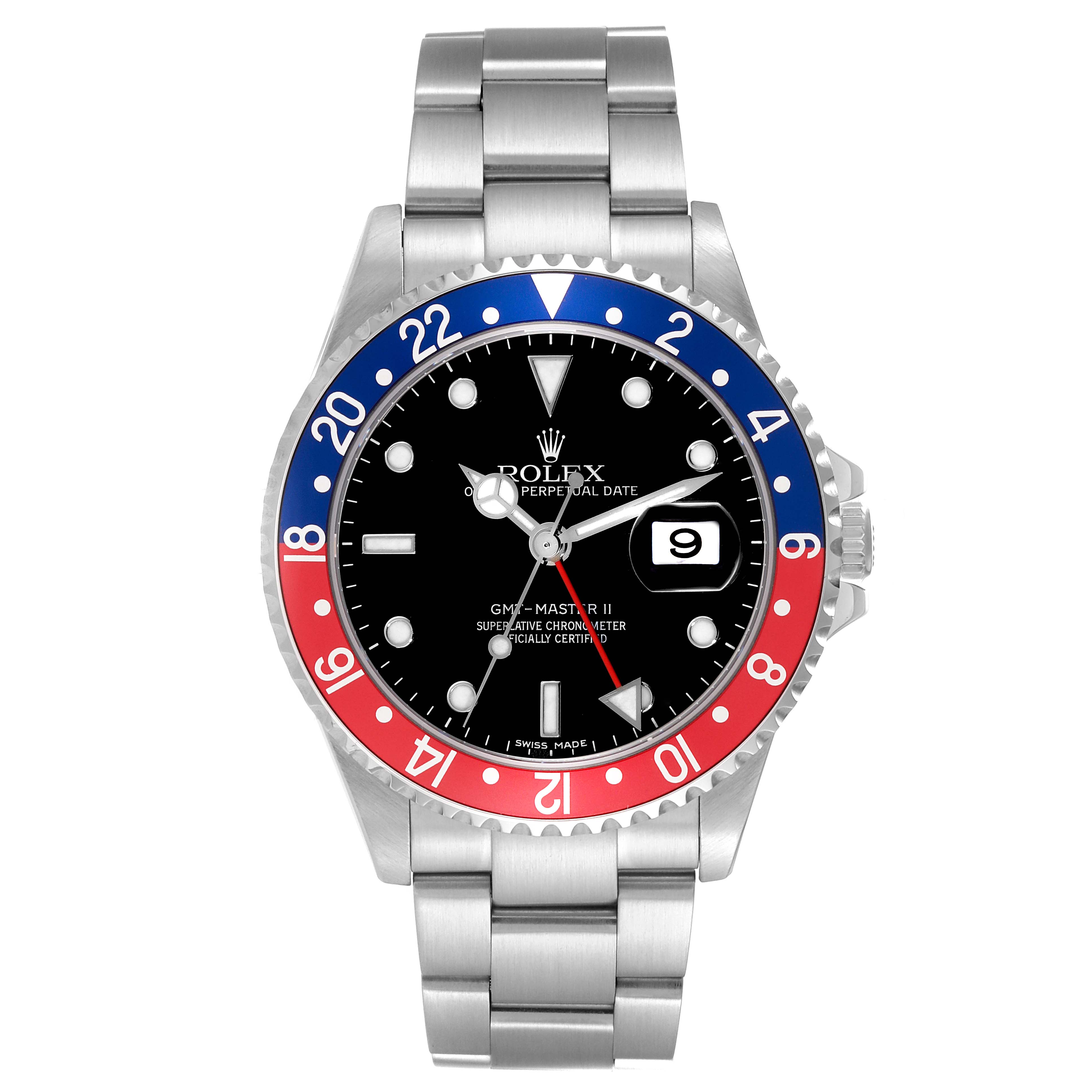The image shows a front view of the Rolex GMT-Master 16710 Men's Stainless Steel Black Dial 16710 Men's Stainless Steel Black Dial II watch, displaying its dial, bezel, and bracelet.