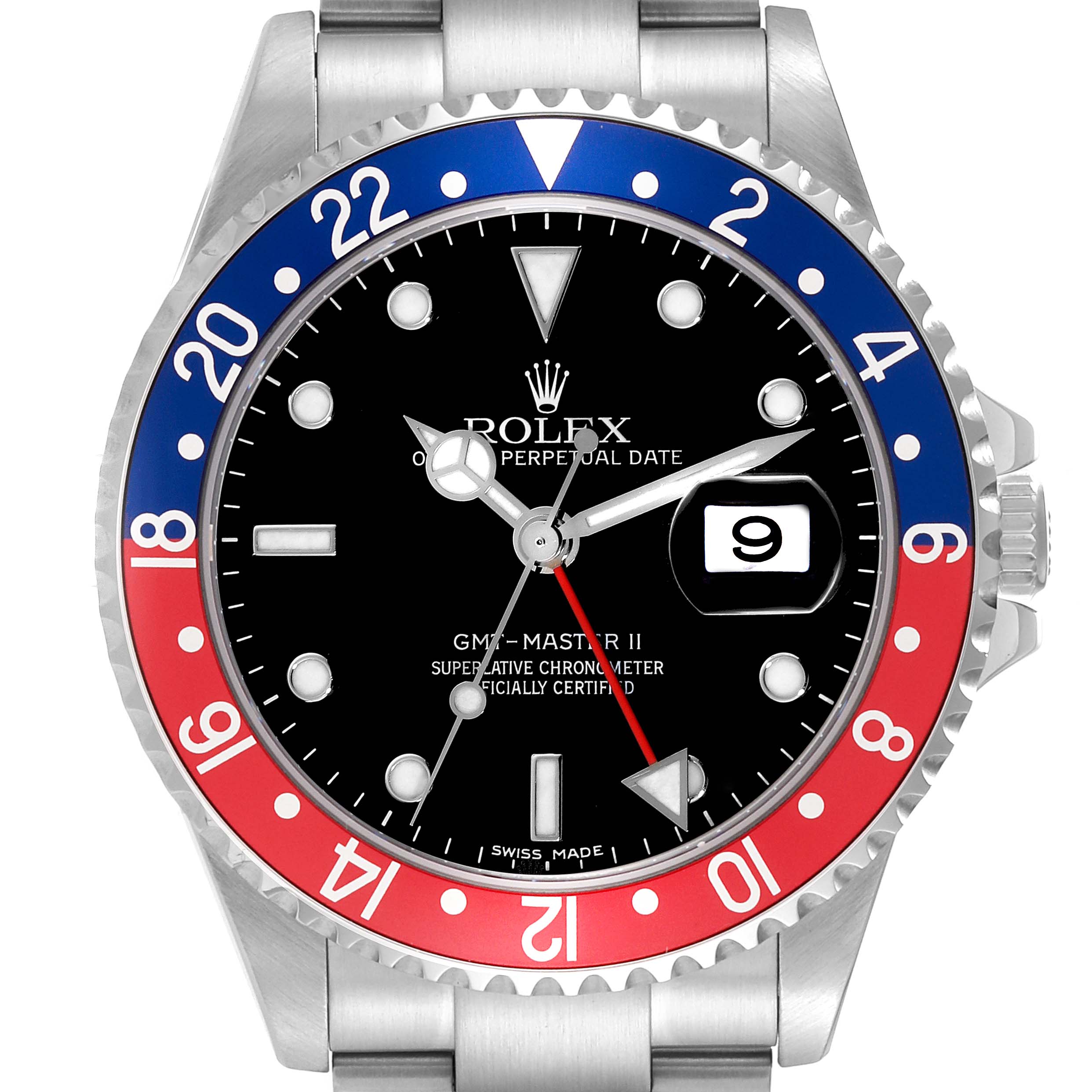 The image shows a Rolex GMT-Master 16710 Men's Stainless Steel Black Dial 16710 Men's Stainless Steel Black Dial II watch from a front angle, highlighting the bezel, dial, and part of the bracelet.