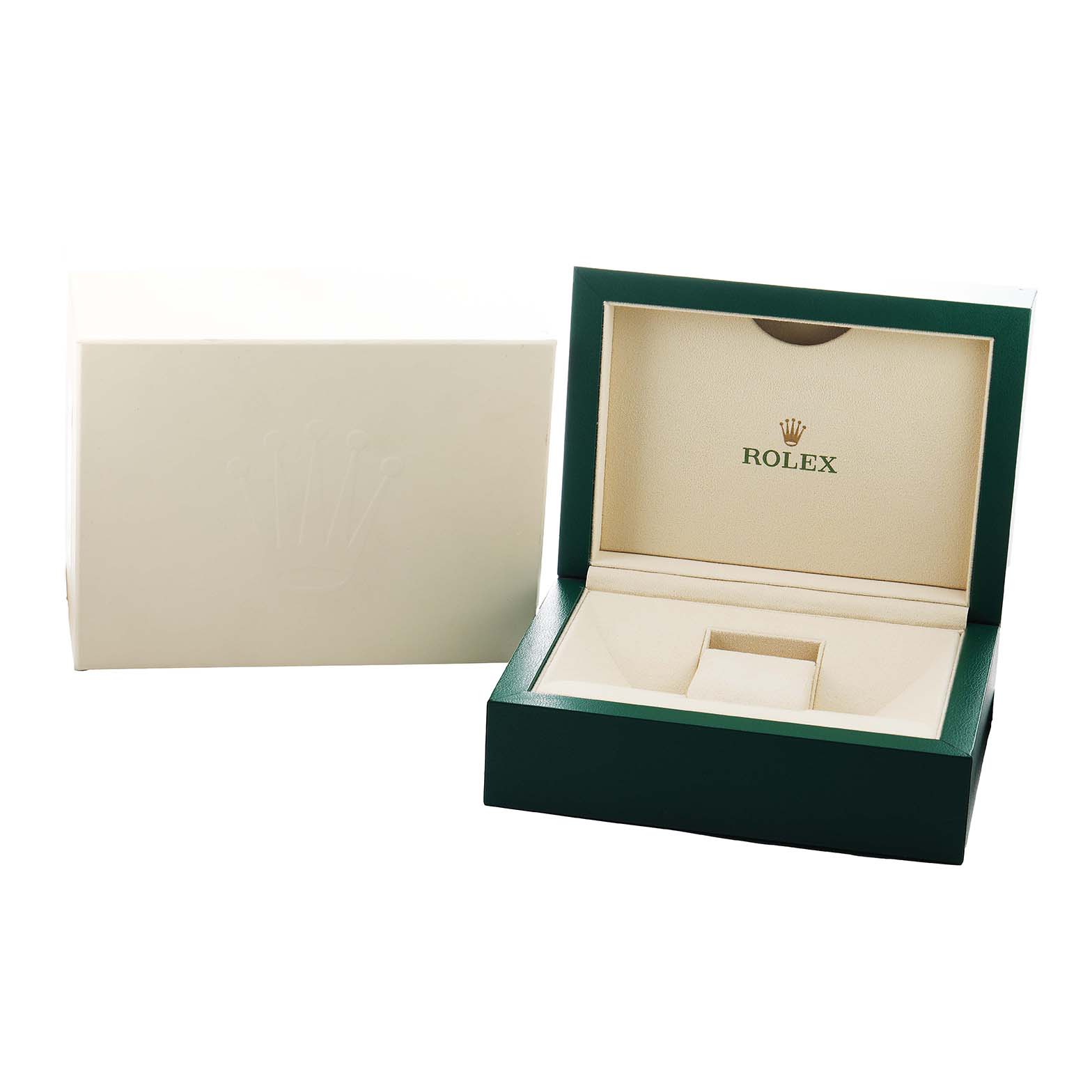 The image shows an open green and cream storage box for the Rolex GMT-Master 126710BLNR Men's Stainless Steel Black Dial, displaying the interior and outer packaging angled slightly from the side.