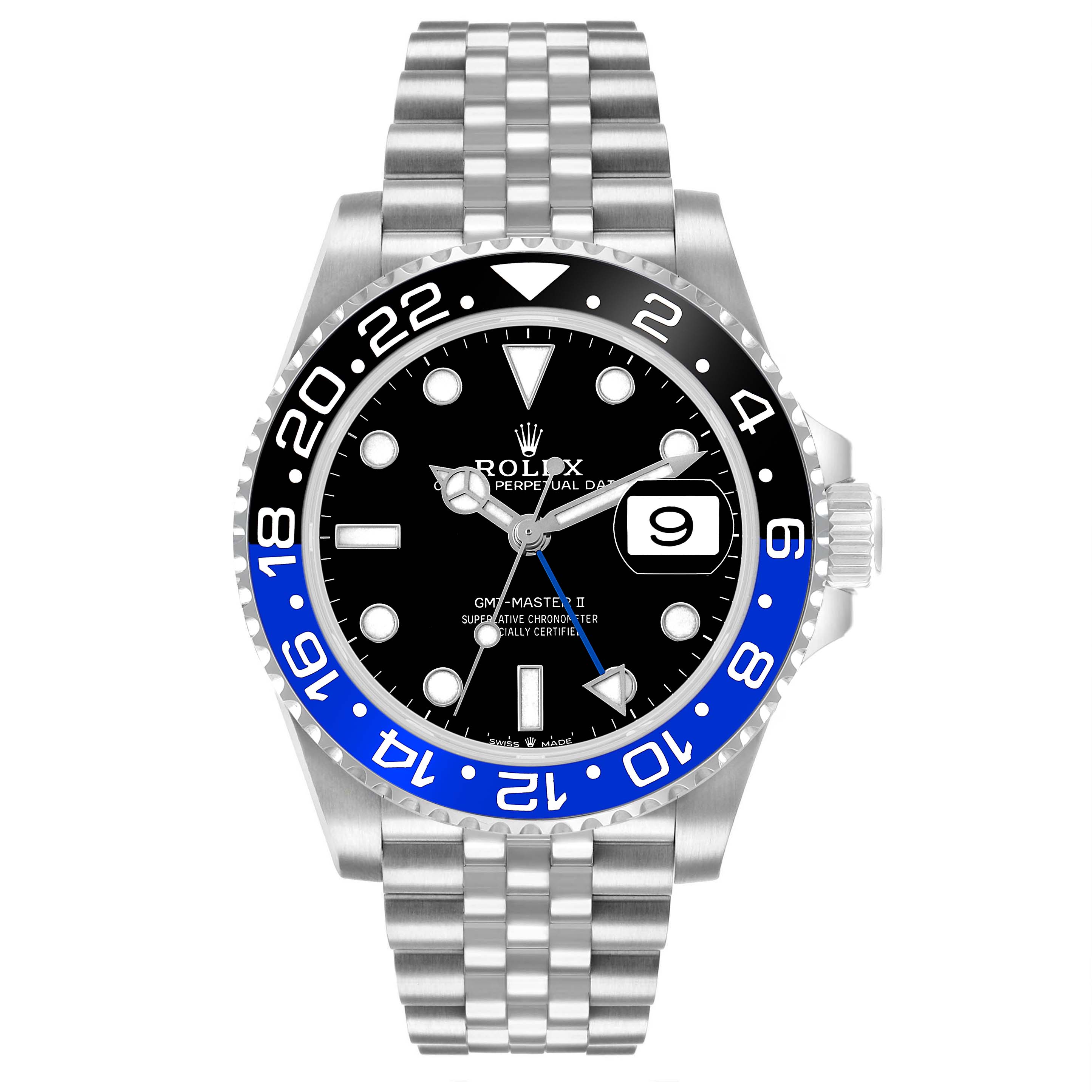 The Rolex GMT-Master 126710BLNR Men's Stainless Steel Black Dial watch is shown from a front angle, highlighting the dial, bezel, and bracelet.