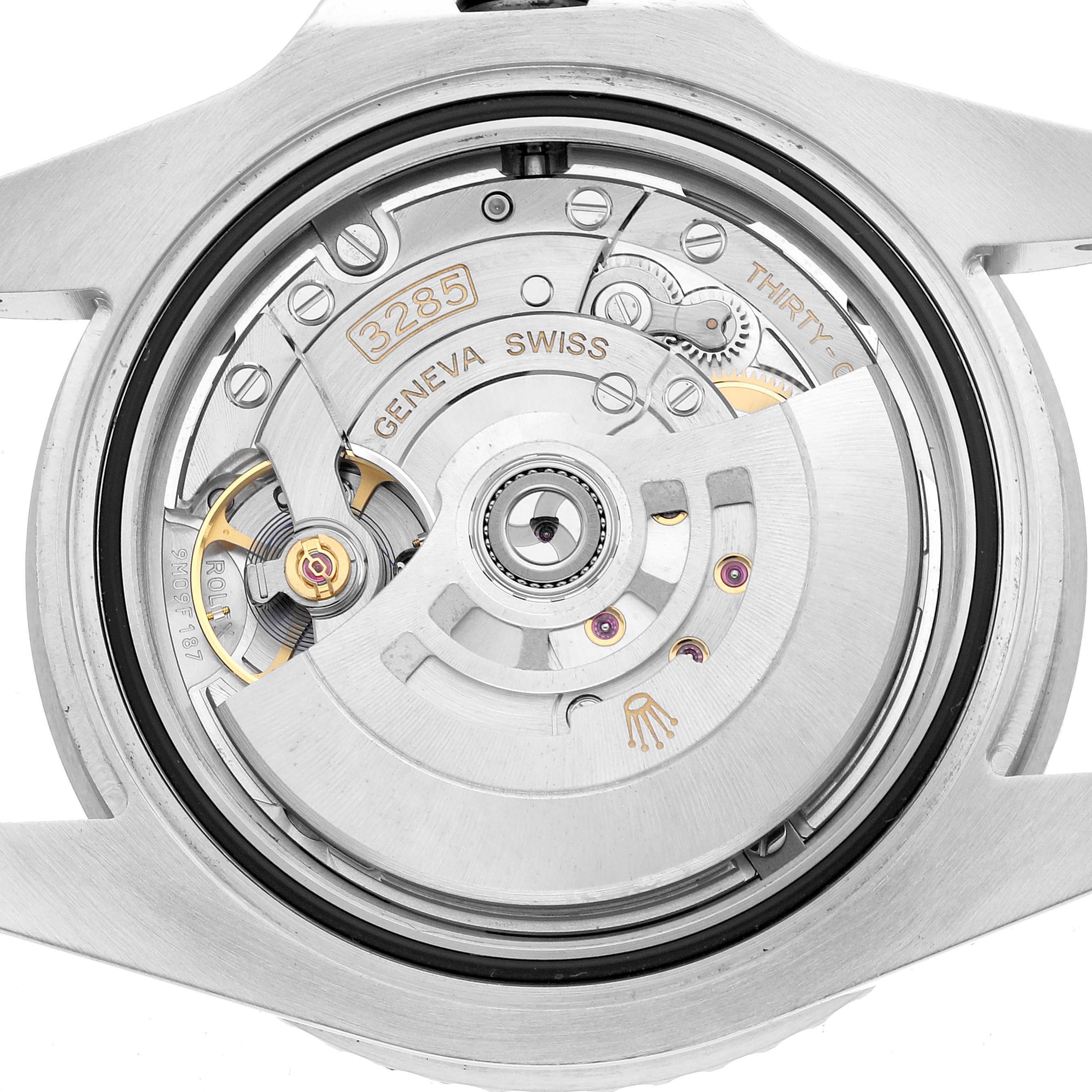 The image shows the movement of a Rolex GMT-Master 126710BLNR Men's Stainless Steel Black Dial, specifically the caliber 3285, from the back with detailed internal parts visible.