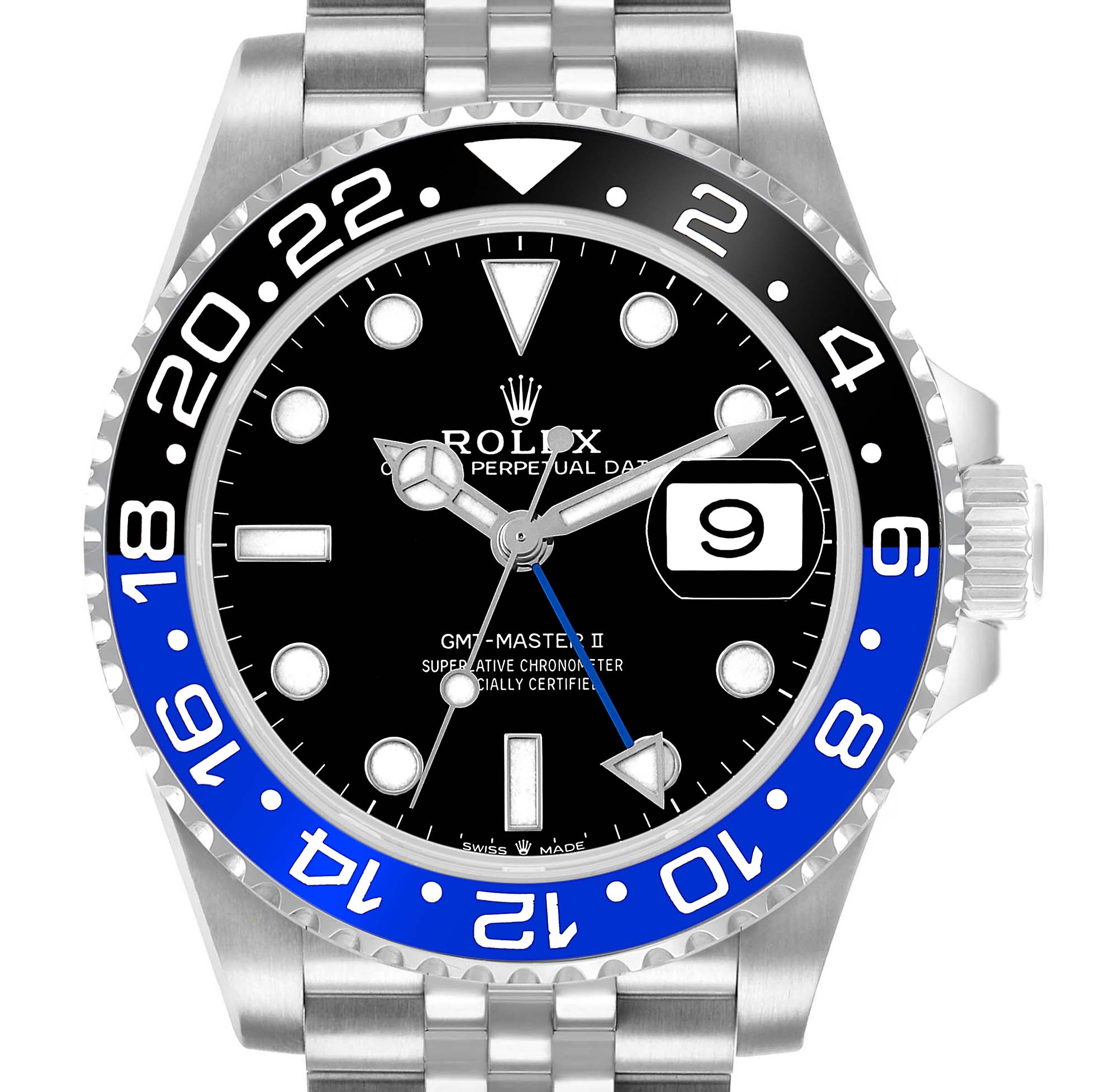 The Rolex GMT-Master 126710BLNR Men's Stainless Steel Black Dial II watch is shown from the front, highlighting the bezel, dial, hands, and date window.
