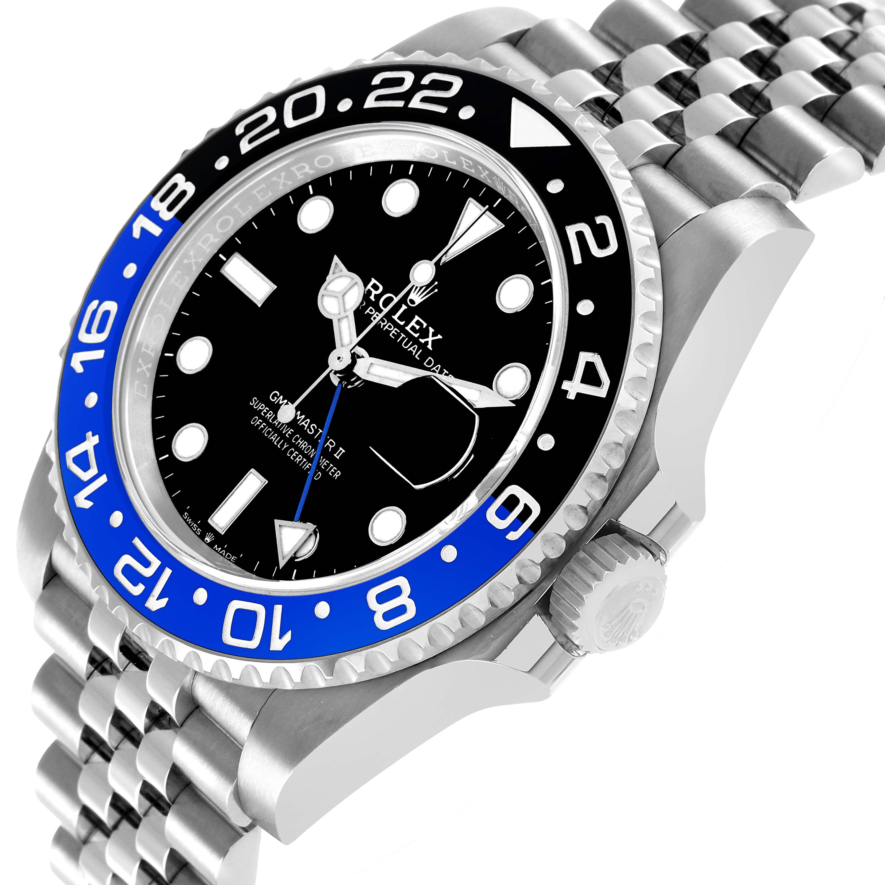 The Rolex GMT-Master 126710BLNR Men's Stainless Steel Black Dial model is shown at a slight side angle, highlighting the bezel, dial, case, and bracelet.