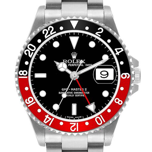 The image shows a front view of the Rolex GMT-Master 16710 Men's Stainless Steel Black Dial II watch, displaying the dial, bezel, and part of the bracelet.