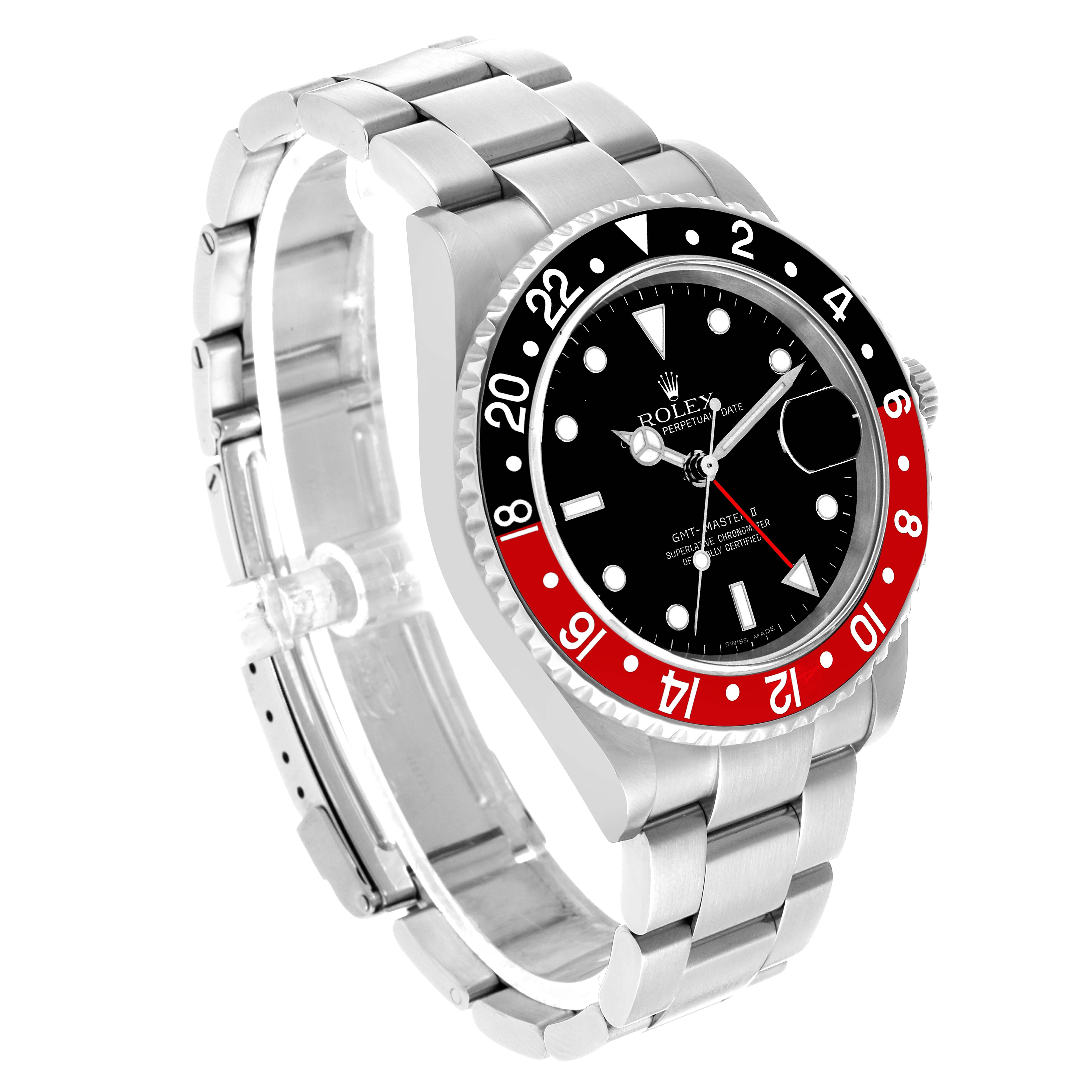 The Rolex GMT-Master 16710 Men's Stainless Steel Black Dial watch is shown at a slight side angle, highlighting its bezel, dial, and bracelet.