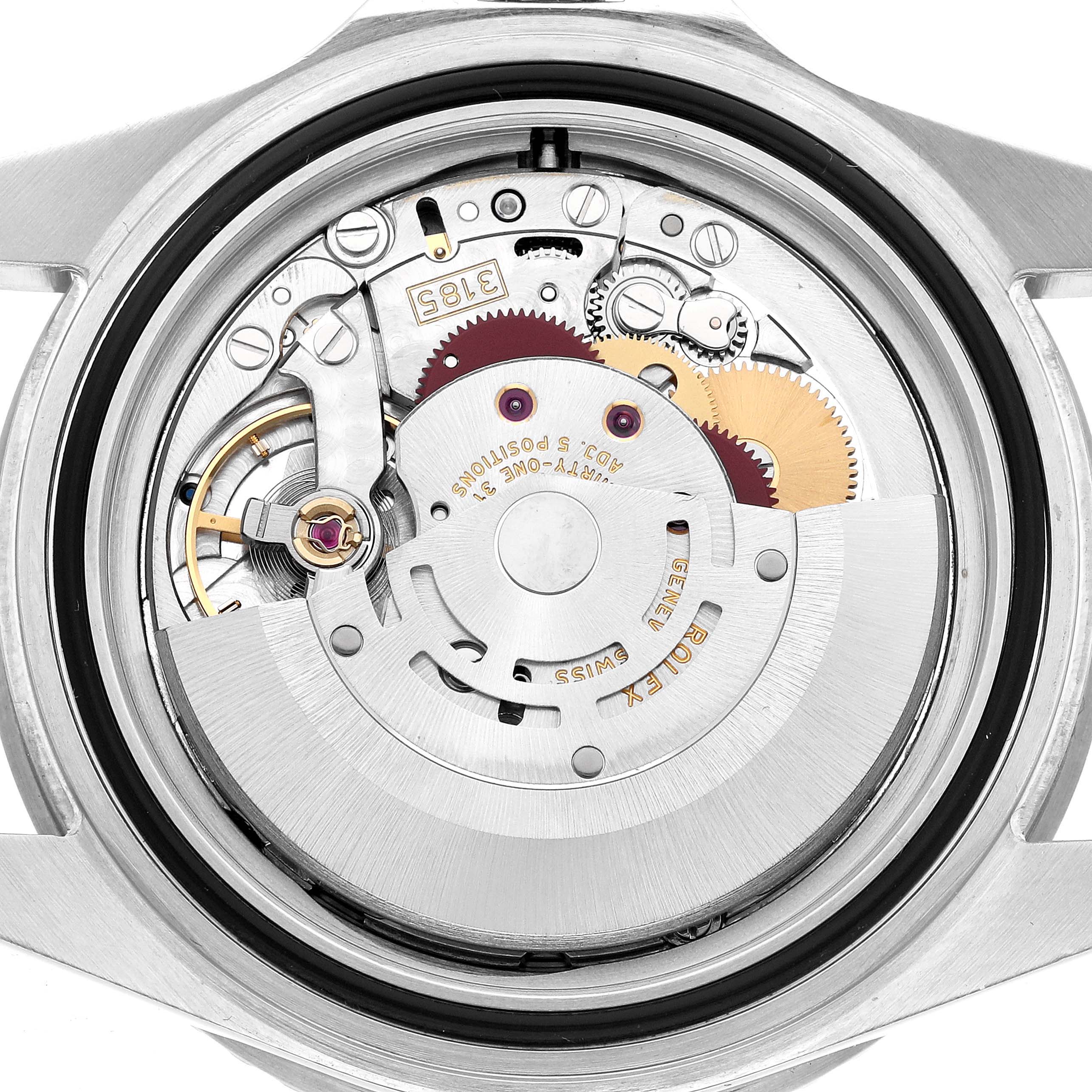 The image shows the back view of a Rolex GMT-Master 16710 Men's Stainless Steel Black Dial, revealing its movement and internal components.