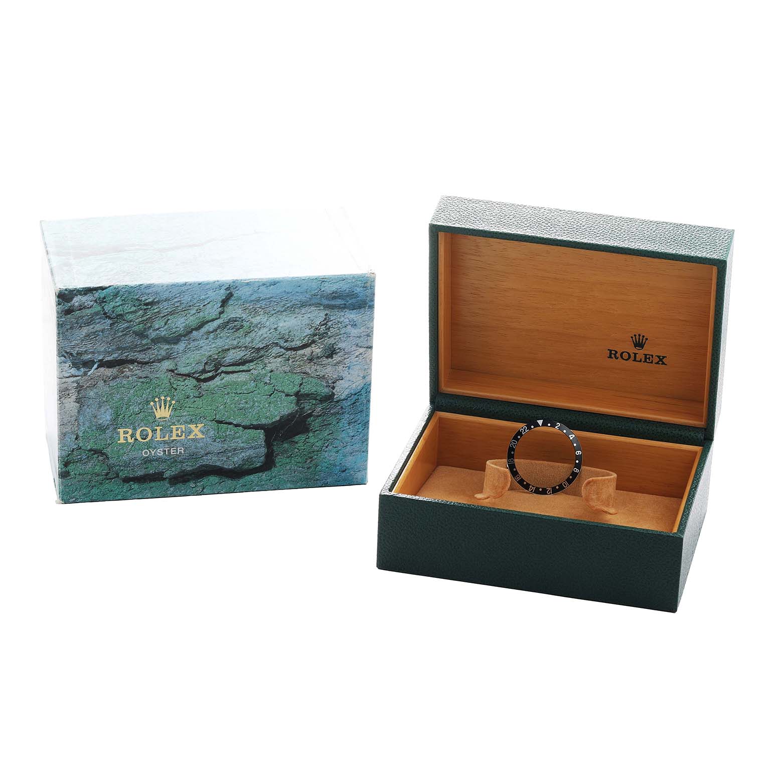 The Rolex GMT-Master 16710 Men's Stainless Steel Black Dial watch bezel is shown inside an open watch box at an angled view.