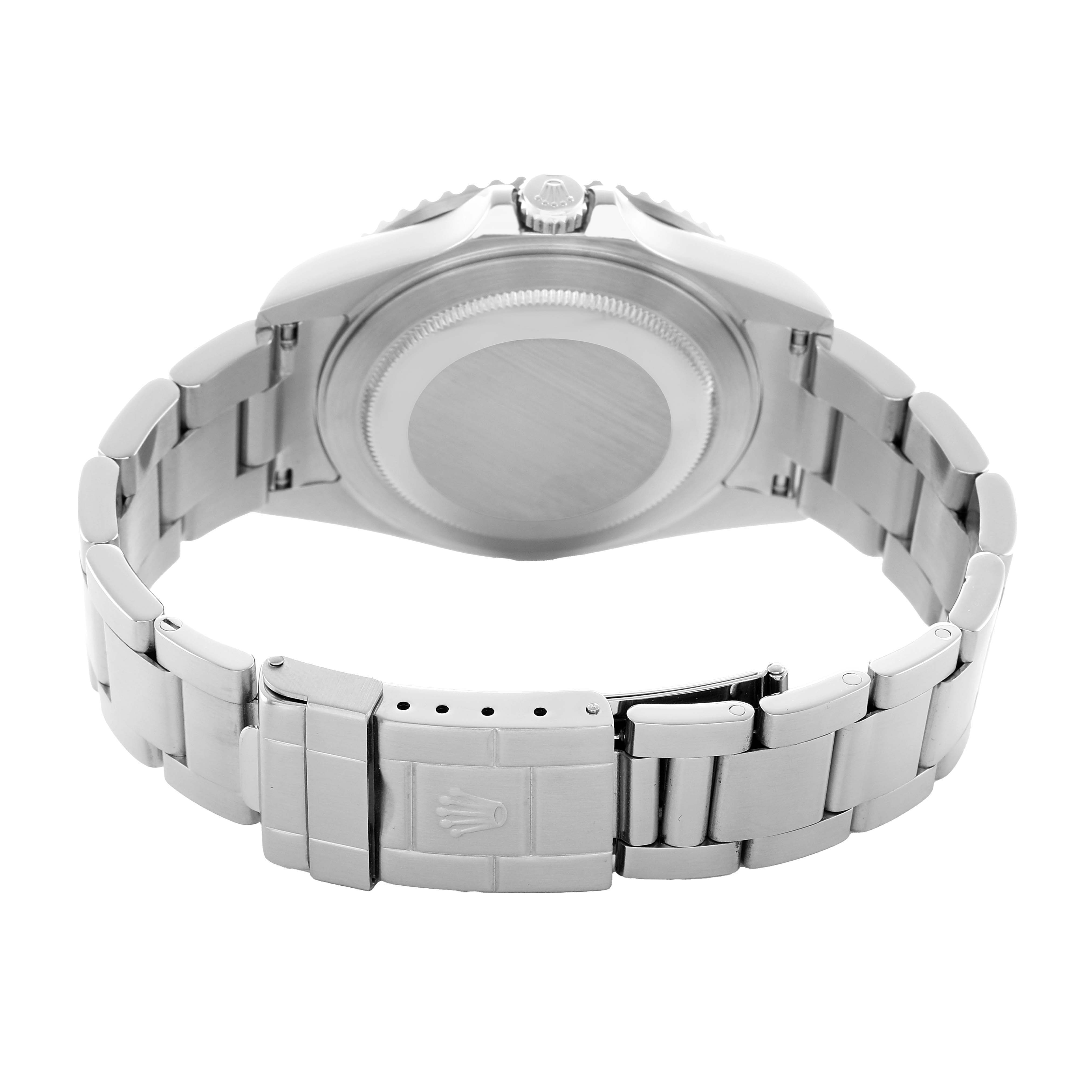 The Rolex GMT-Master 16710 Men's Stainless Steel Black Dial watch is shown from a rear angle, displaying the case back and the bracelet with the clasp fully visible.