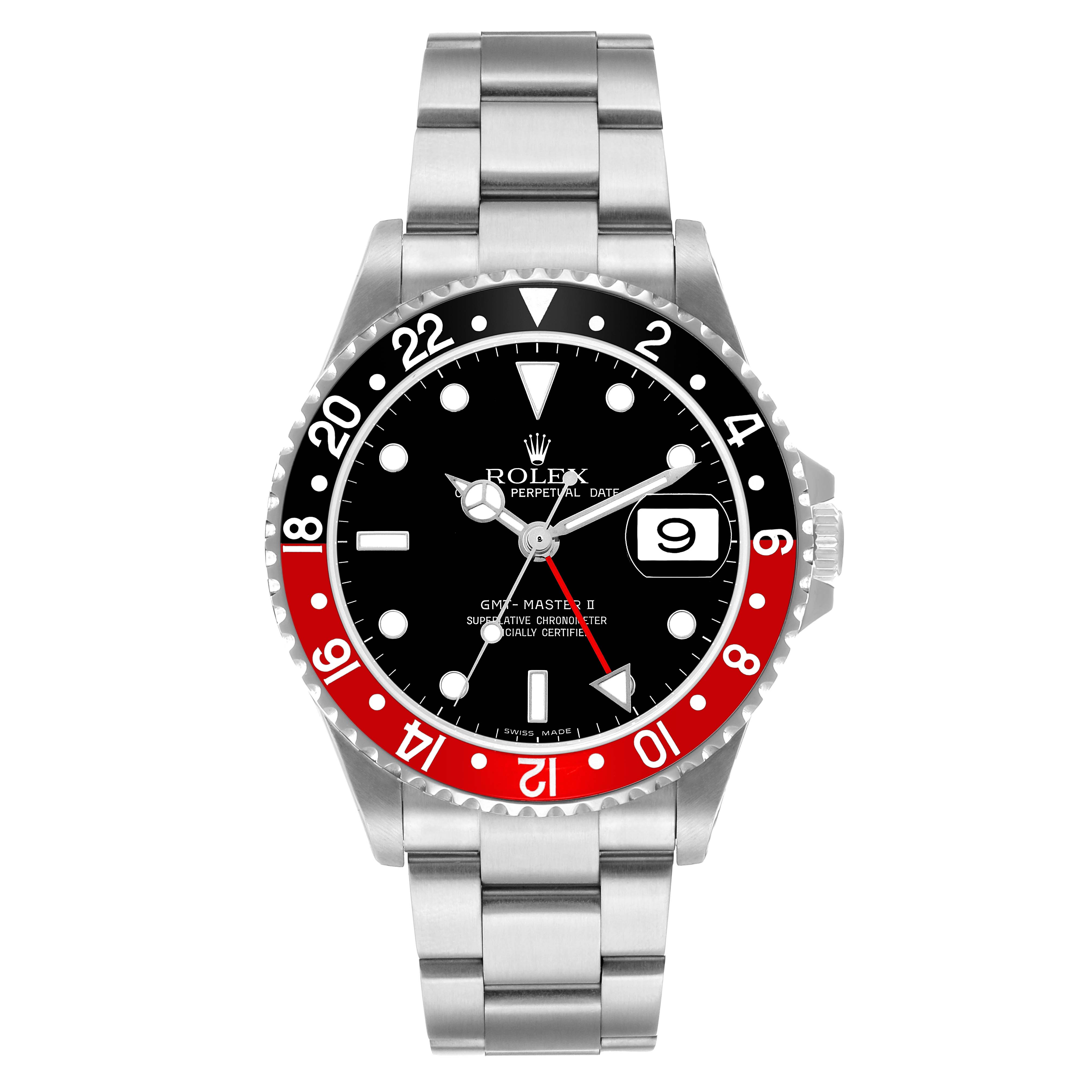 The Rolex GMT-Master 16710 Men's Stainless Steel Black Dial watch is shown from the front, displaying the bezel, face, dial, hands, and part of the bracelet.
