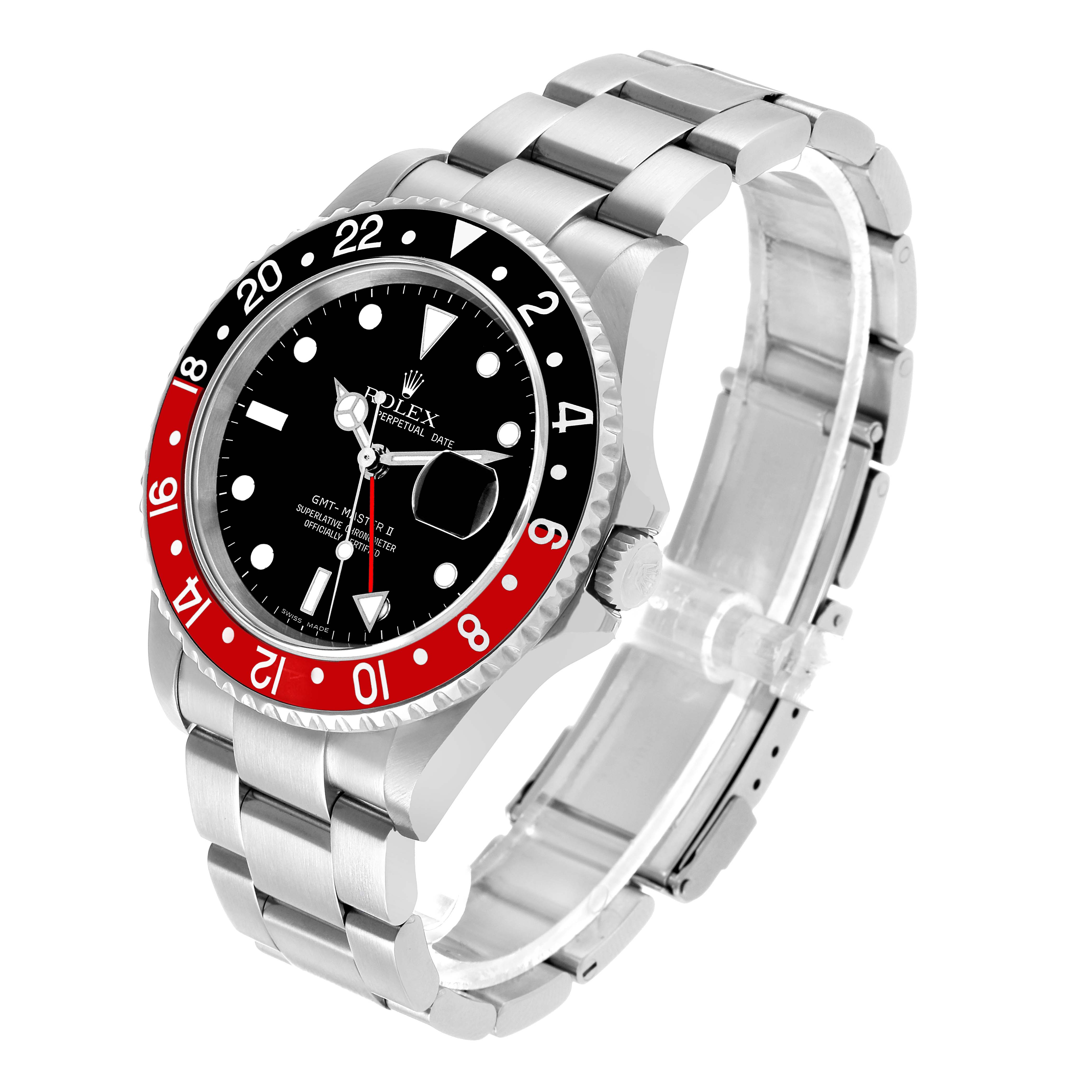 The Rolex GMT-Master 16710 Men's Stainless Steel Black Dial watch is shown at a three-quarter angle, displaying the bezel, dial, case, and bracelet.