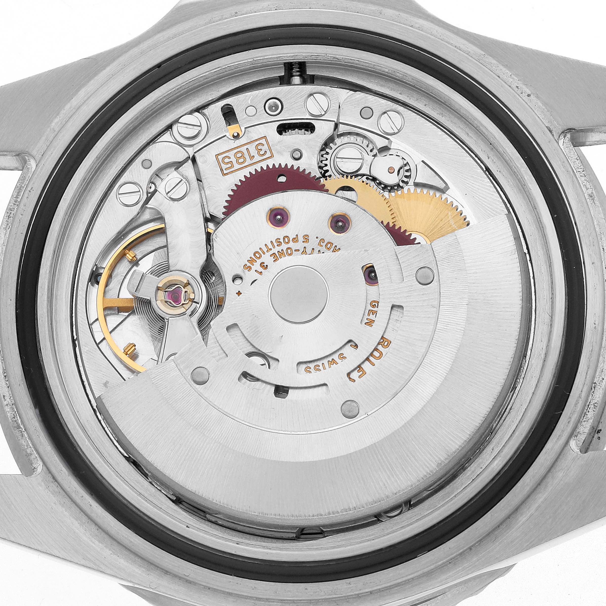 The image shows the internal mechanism of a Rolex GMT-Master 16710 Men's Stainless Steel Black Dial watch viewed from the back, highlighting gears and the rotor.