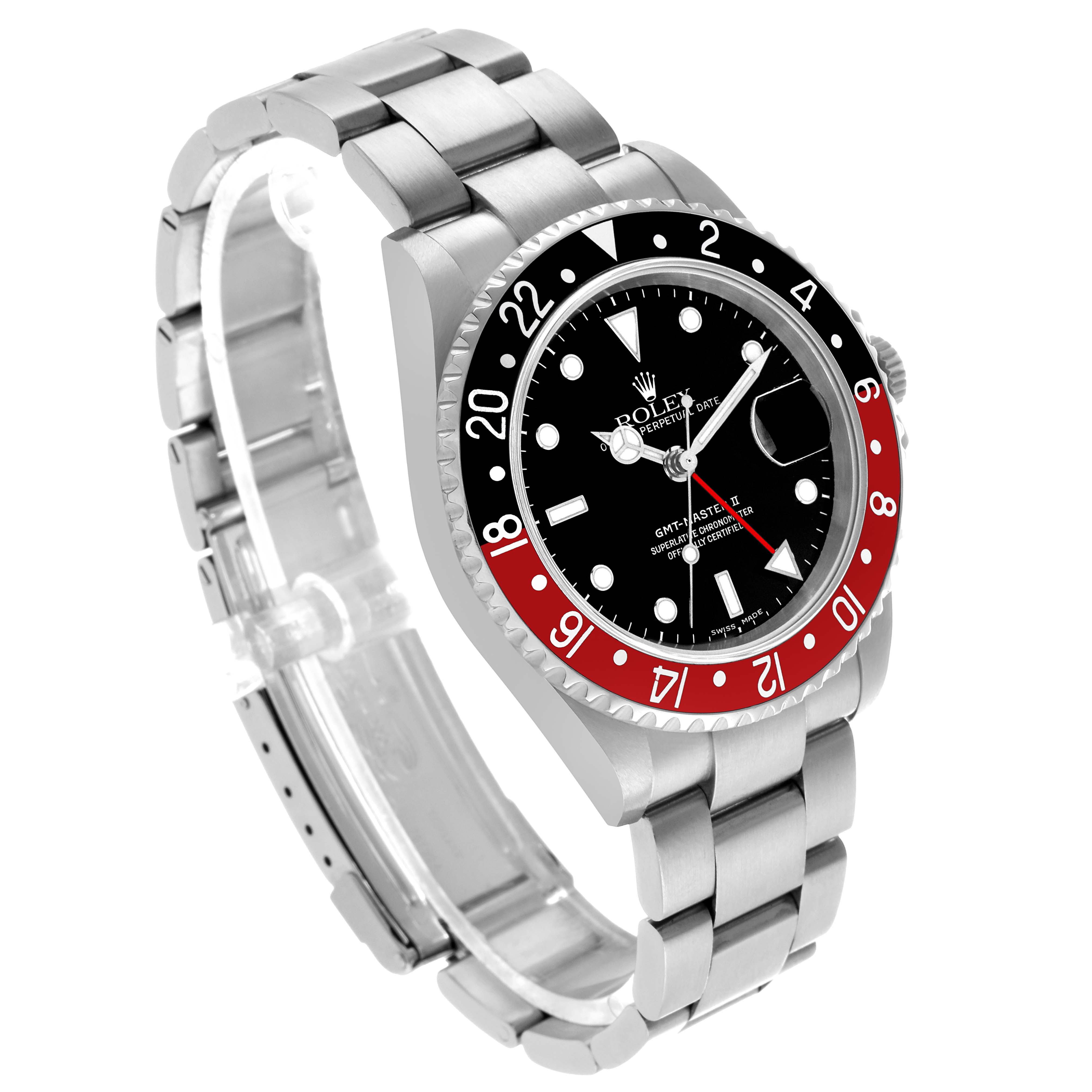 The Rolex GMT-Master 16710 Men's Stainless Steel Black Dial watch is shown at a three-quarter angle, highlighting the dial, bezel, and bracelet.