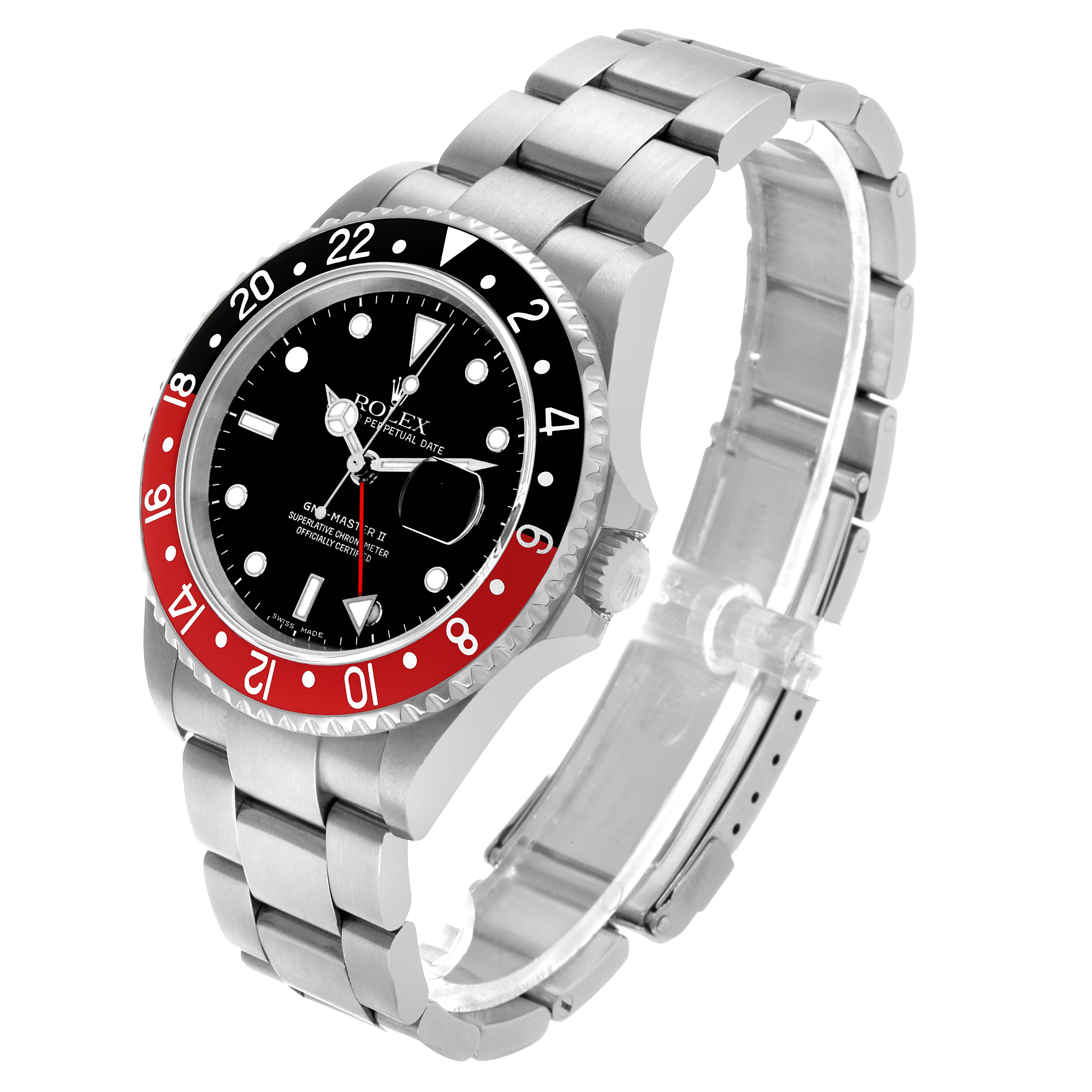 The Rolex GMT-Master 16710 Men's Stainless Steel Black Dial watch is shown at a three-quarter angle, displaying the bezel, dial, and bracelet.