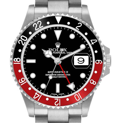 The Rolex GMT-Master 16710 Men's Stainless Steel Black Dial watch is shown from a front angle, displaying the bezel, dial, and part of the bracelet.
