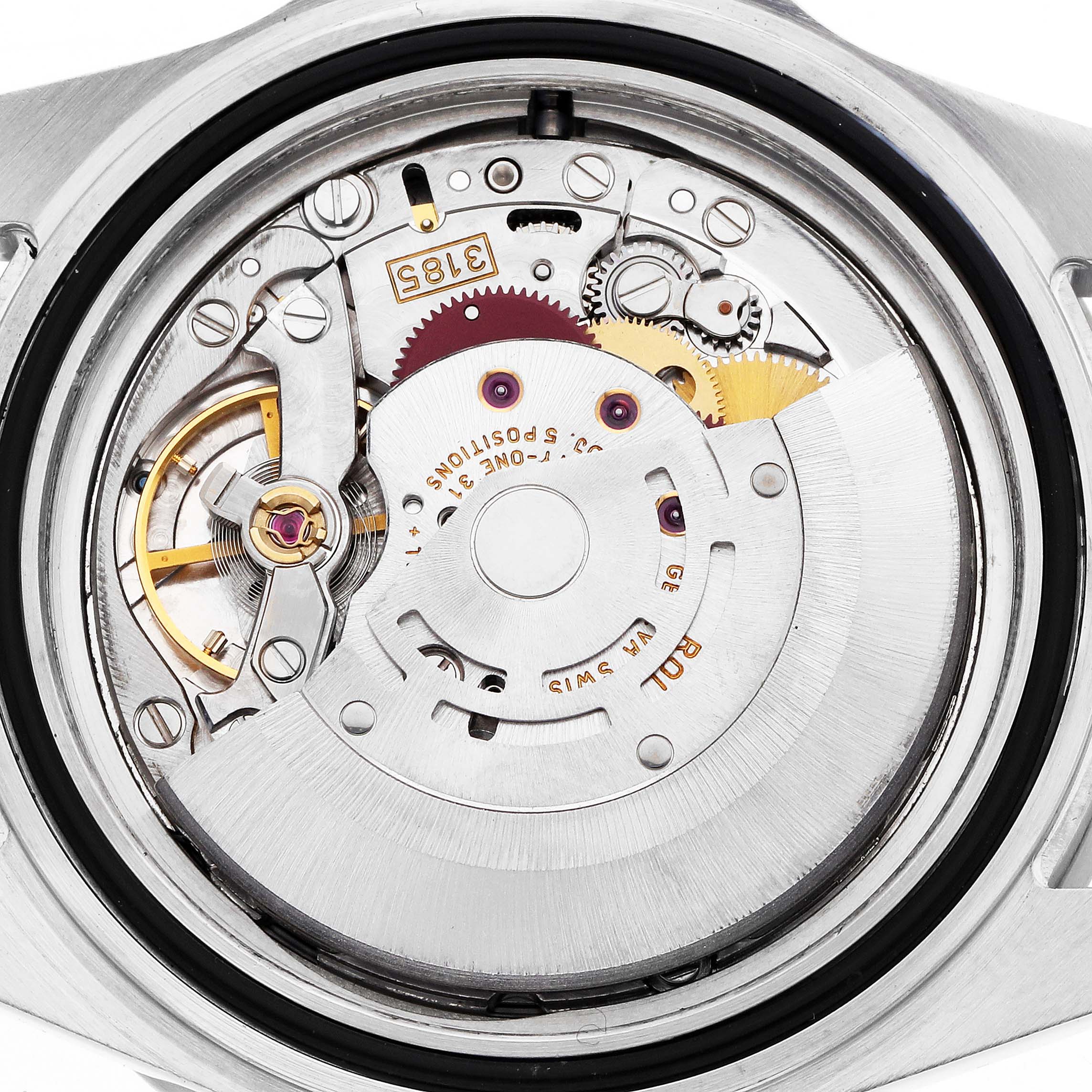 The image shows the Rolex GMT-Master 16710 Men's Stainless Steel Black Dial's movement from a back view, displaying gears and the rotor assembly.