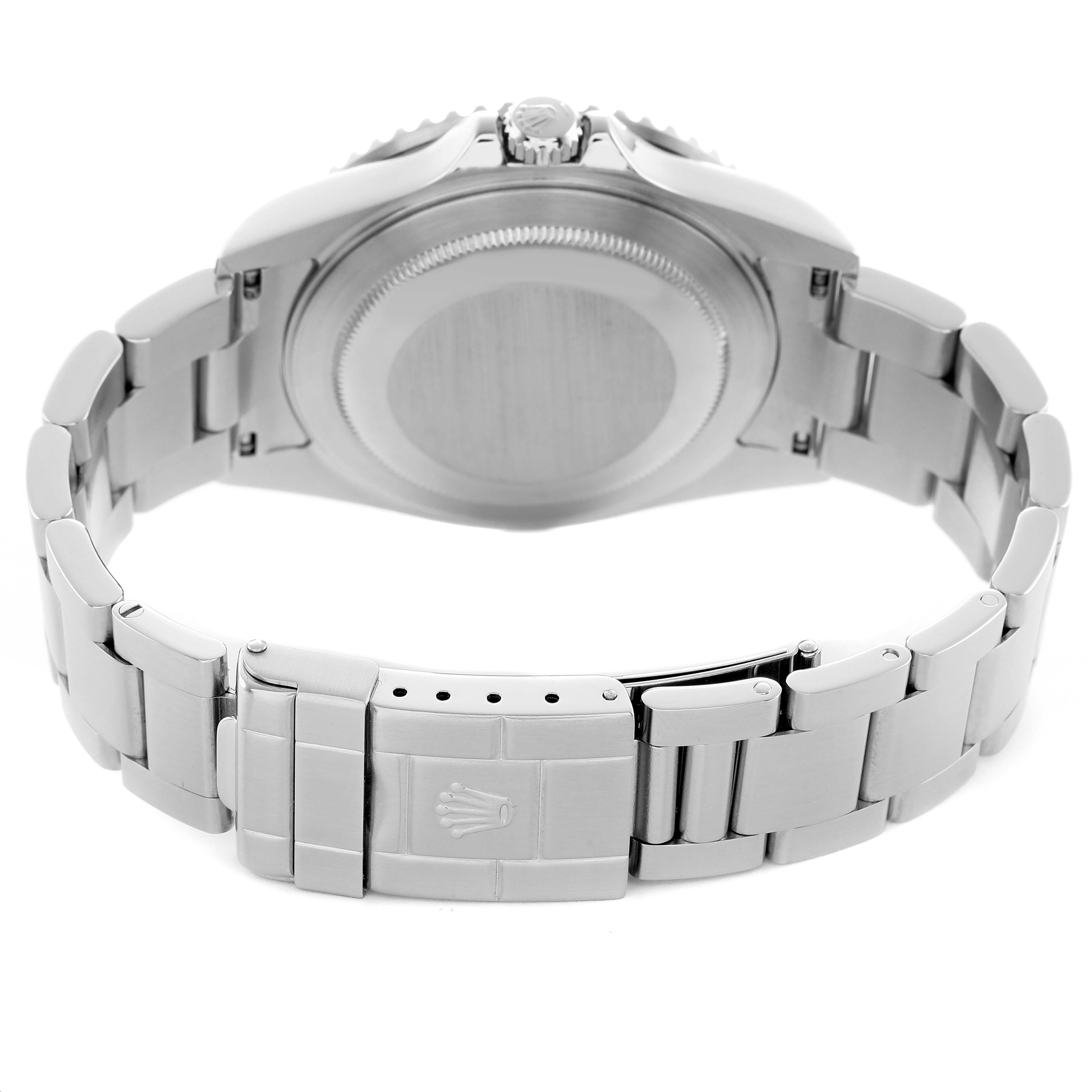 The image shows the back and bracelet of a Rolex GMT-Master 16710 Men's Stainless Steel Black Dial, focusing on the clasp and case back.