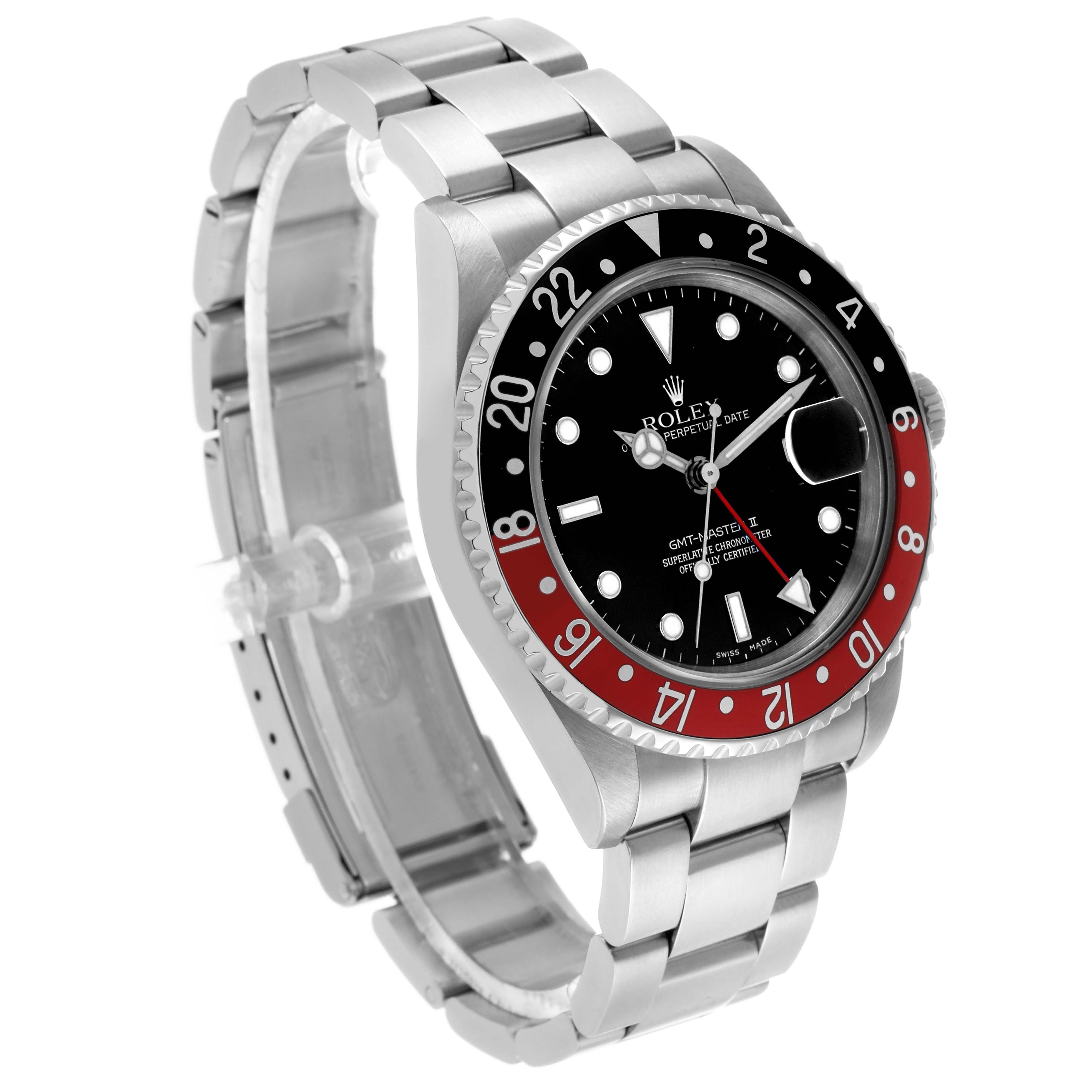 The Rolex GMT-Master 16710 Men's Stainless Steel Black Dial is shown at a side angle, displaying the face, bezel, case, bracelet, and crown.