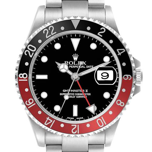 The image shows a front view of the Rolex GMT-Master 16710 Men's Stainless Steel Black Dial II watch, highlighting its bezel, dial, hands, and date feature.