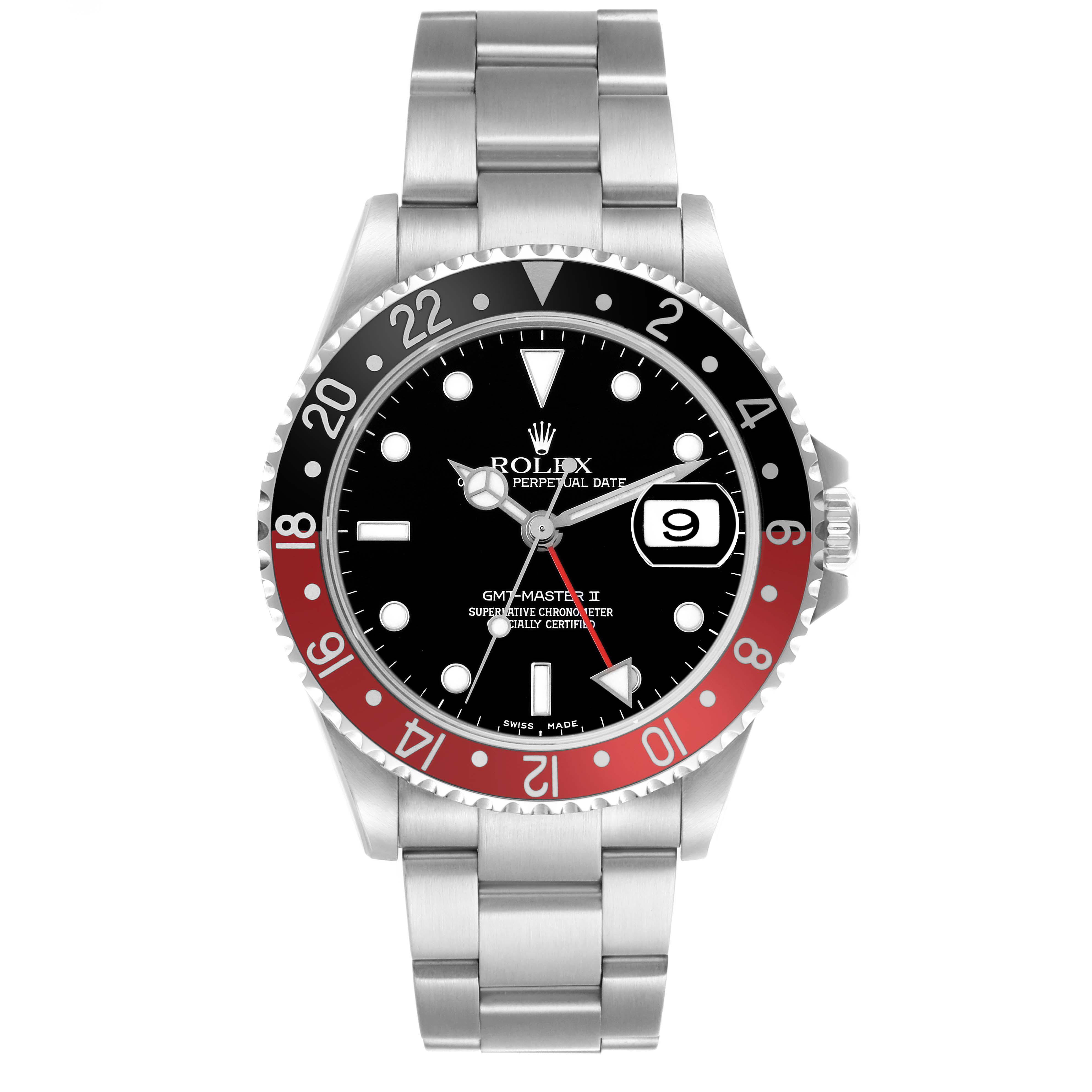 The Rolex GMT-Master 16710 Men's Stainless Steel Black Dial model is shown from a front angle, highlighting the bezel, dial, hands, and bracelet.