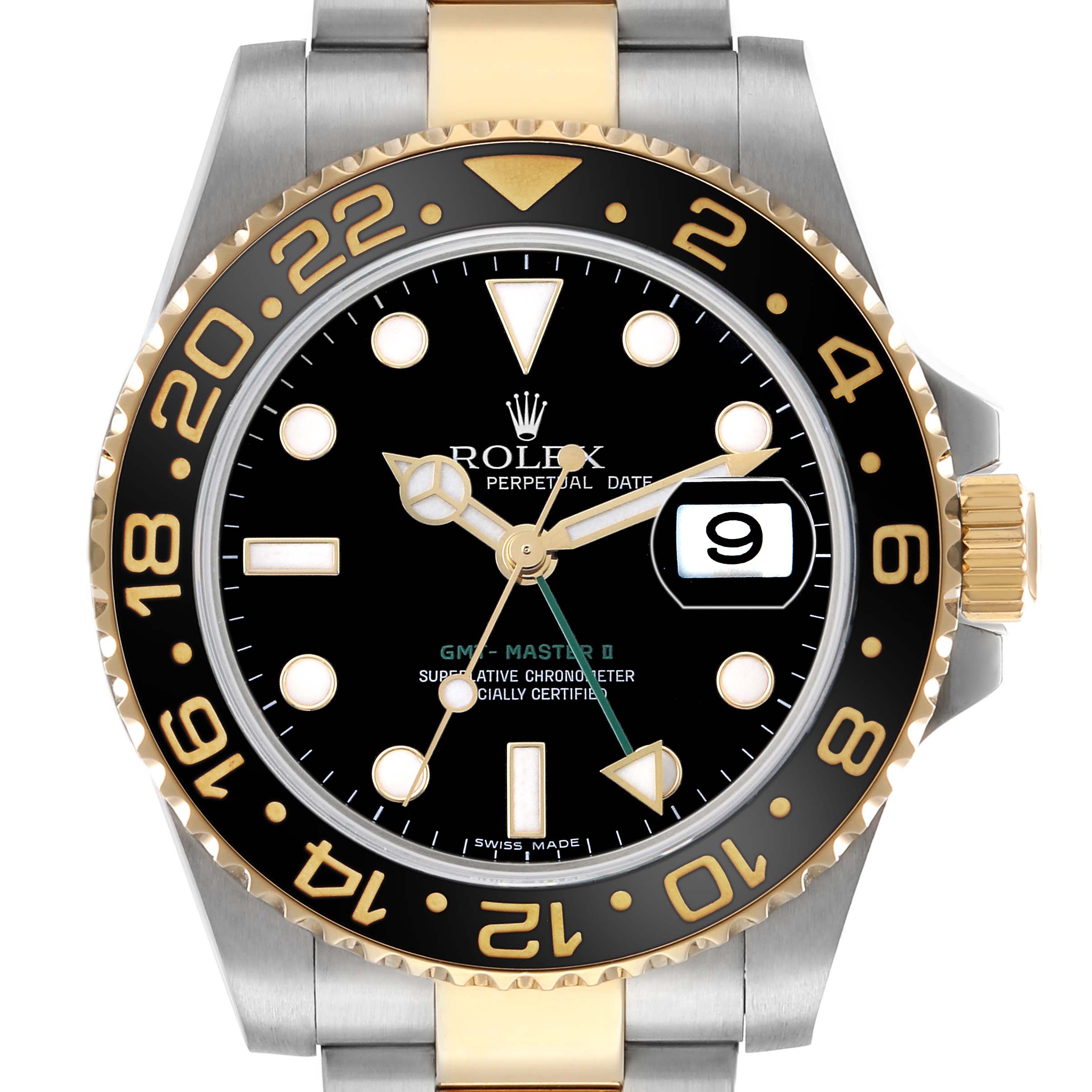 The Rolex GMT-Master 116713 Men's Steel and Gold (two tone) Black Dial watch is shown from the front, highlighting its bezel, dial, hands, and date window.