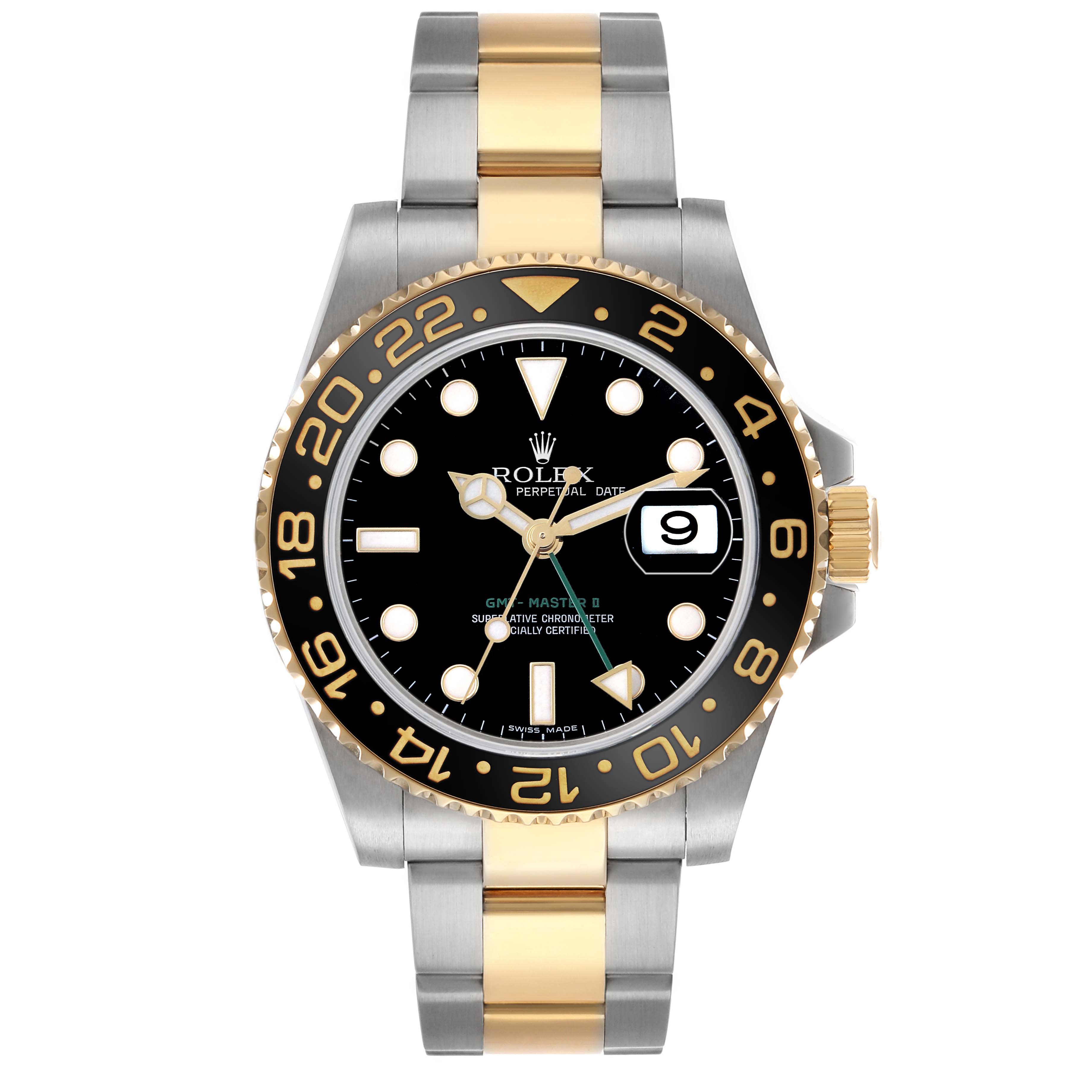 The Rolex GMT-Master 116713 Men's Steel and Gold (two tone) Black Dial watch is shown from a front angle, highlighting the bezel, dial, and two-tone bracelet.