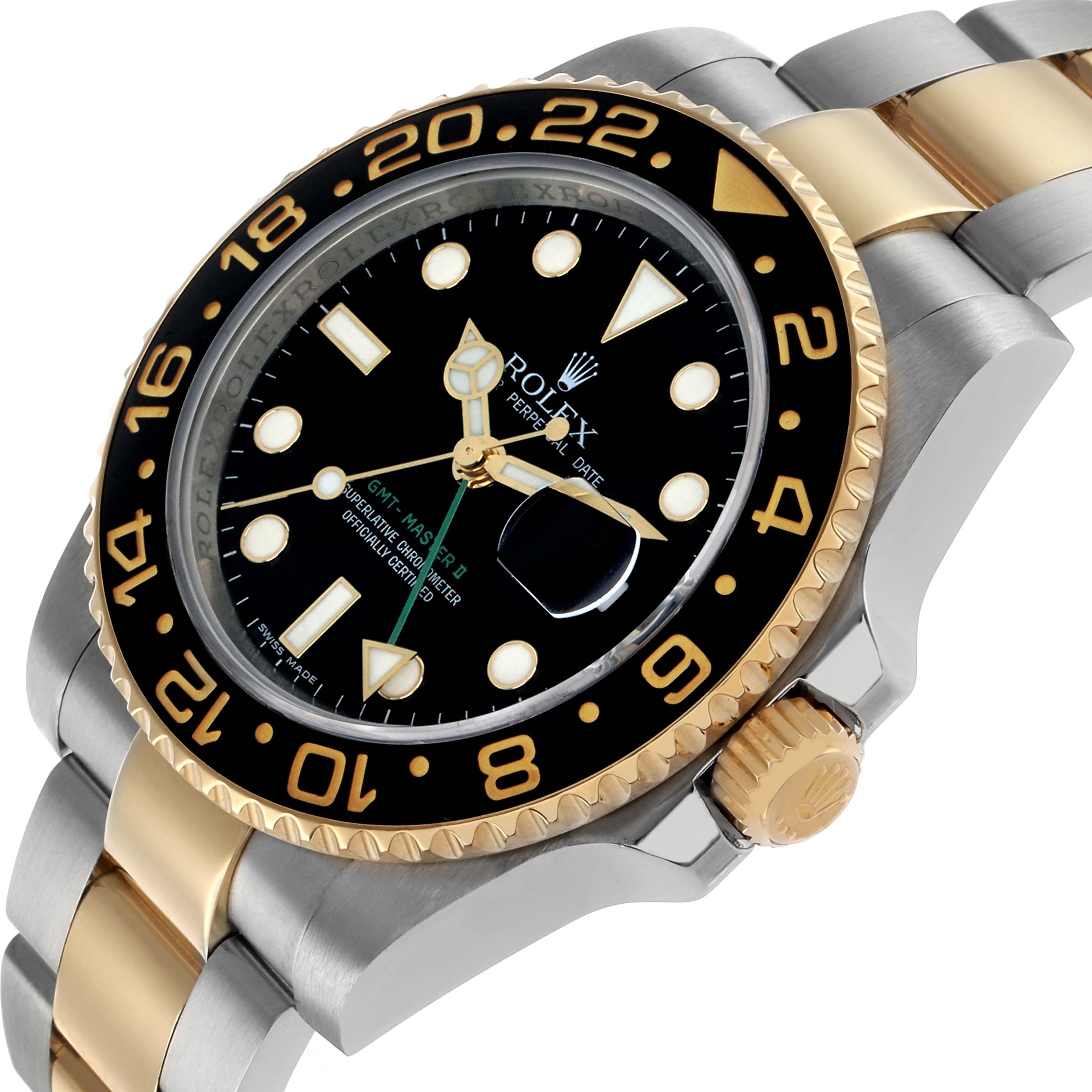 The Rolex GMT-Master 116713 Men's Steel and Gold (two tone) Black Dial model is shown at an angle displaying its bezel, crown, dial, and part of the bracelet.
