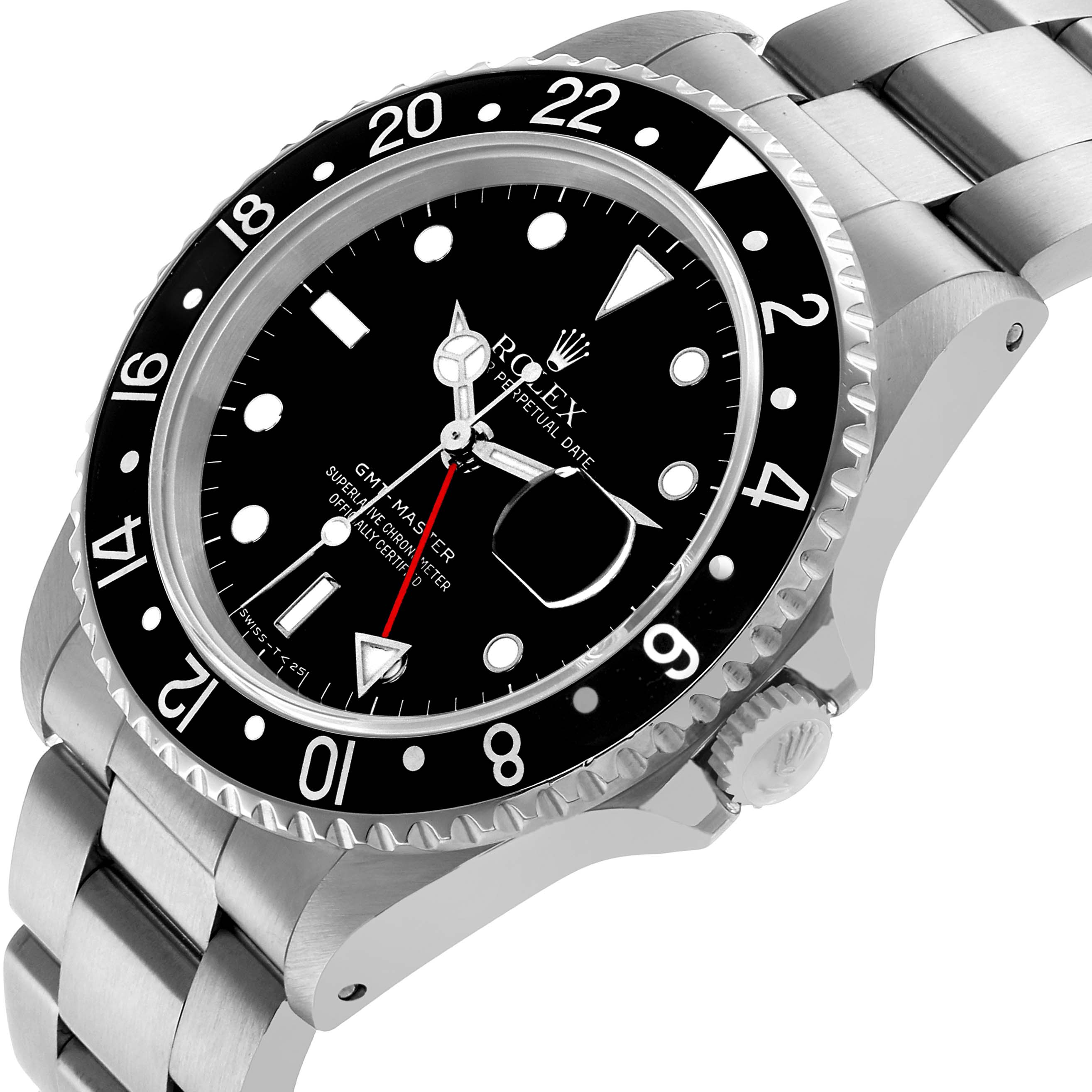 The Rolex GMT-Master 16700 Men's Stainless Steel Black Dial watch is shown at an angled view highlighting the bezel, dial, bracelet, crown, and case.