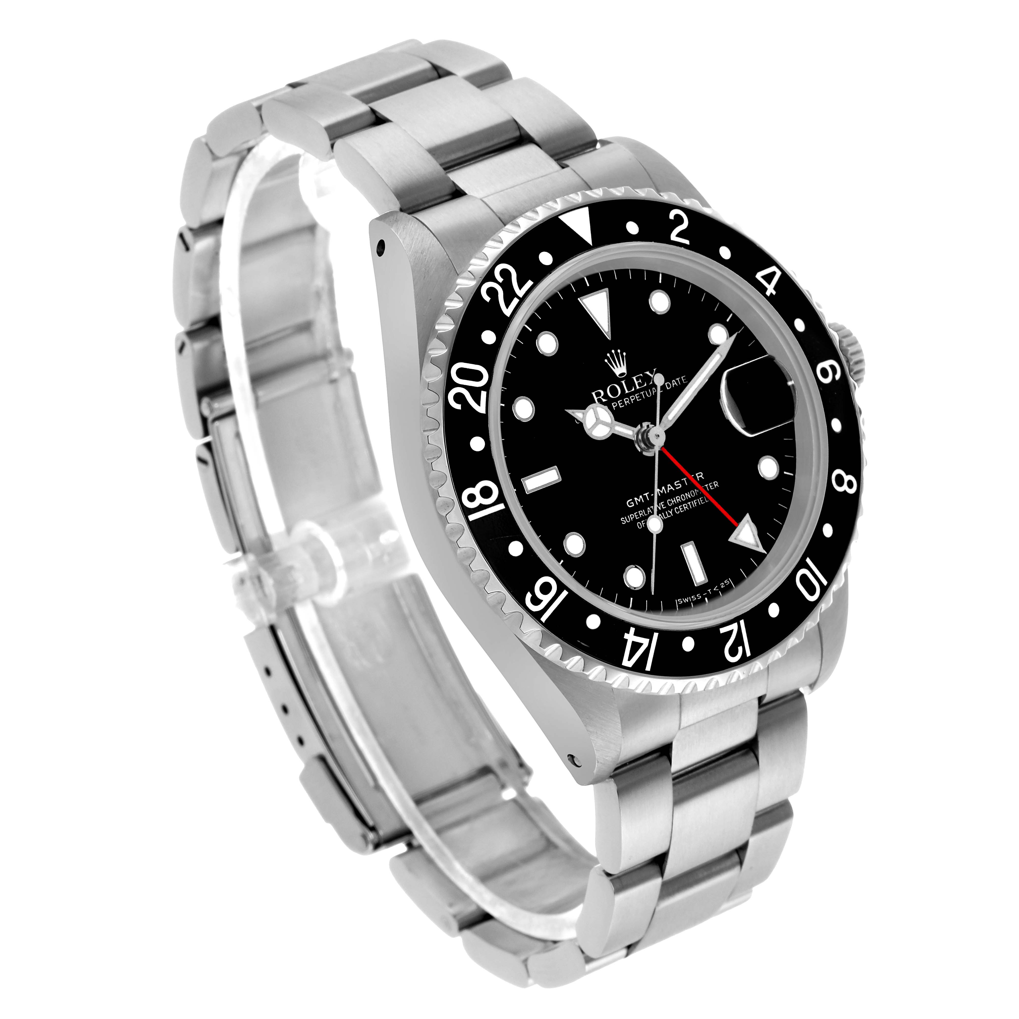 The Rolex GMT-Master 16700 Men's Stainless Steel Black Dial watch is shown at an angled side view, highlighting the face, bezel, and stainless steel bracelet.