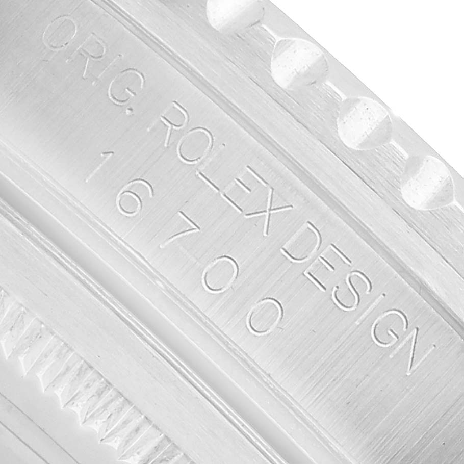 The image shows a close-up angle of the case side of a Rolex GMT-Master 16700 Men's Stainless Steel Black Dial, highlighting the model engraving "16700".