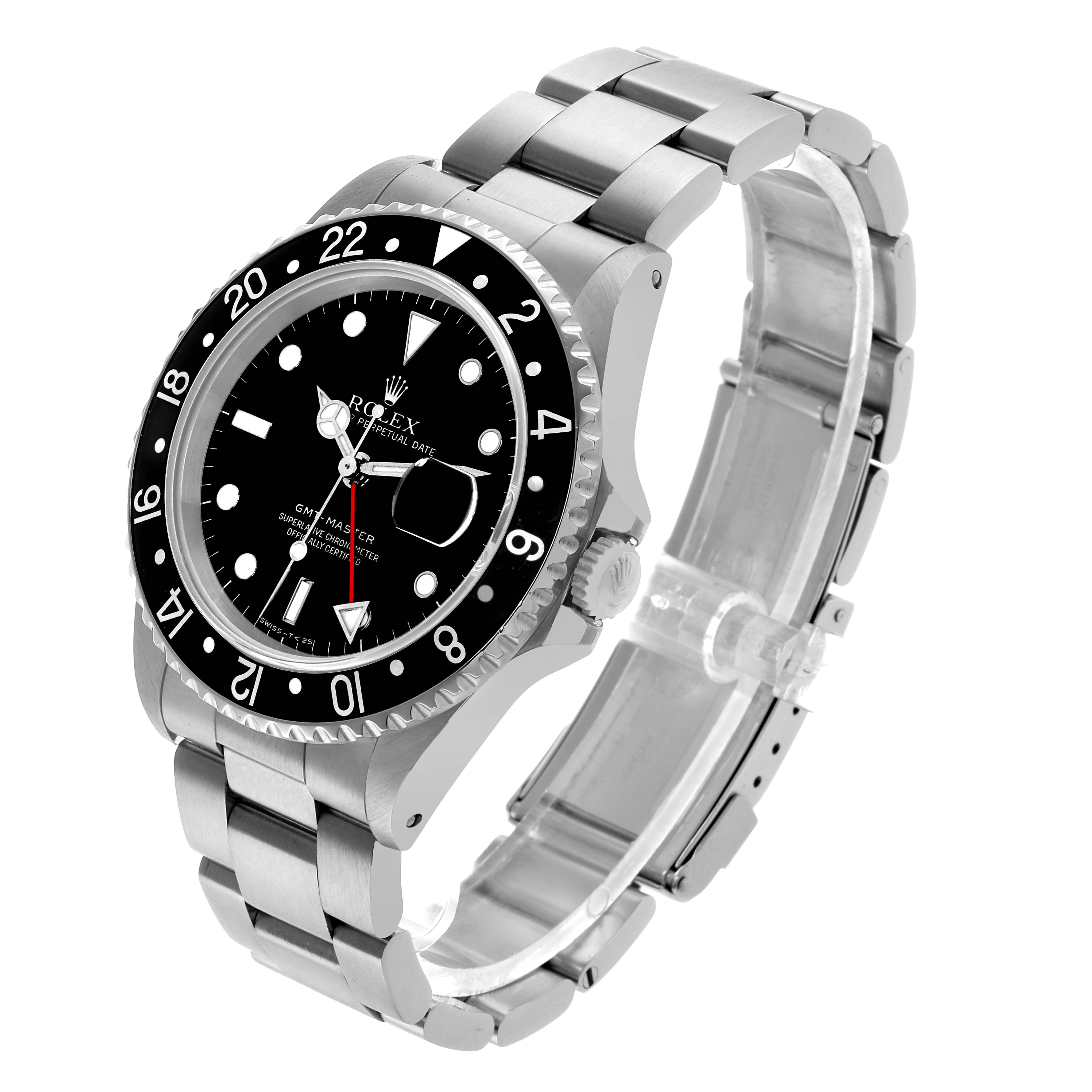 The Rolex GMT-Master 16700 Men's Stainless Steel Black Dial watch is shown at a three-quarter angle, highlighting the bezel, dial, and bracelet.
