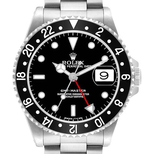 The Rolex GMT-Master 16700 Men's Stainless Steel Black Dial watch is shown from a front angle, highlighting the dial, bezel, and part of the bracelet.