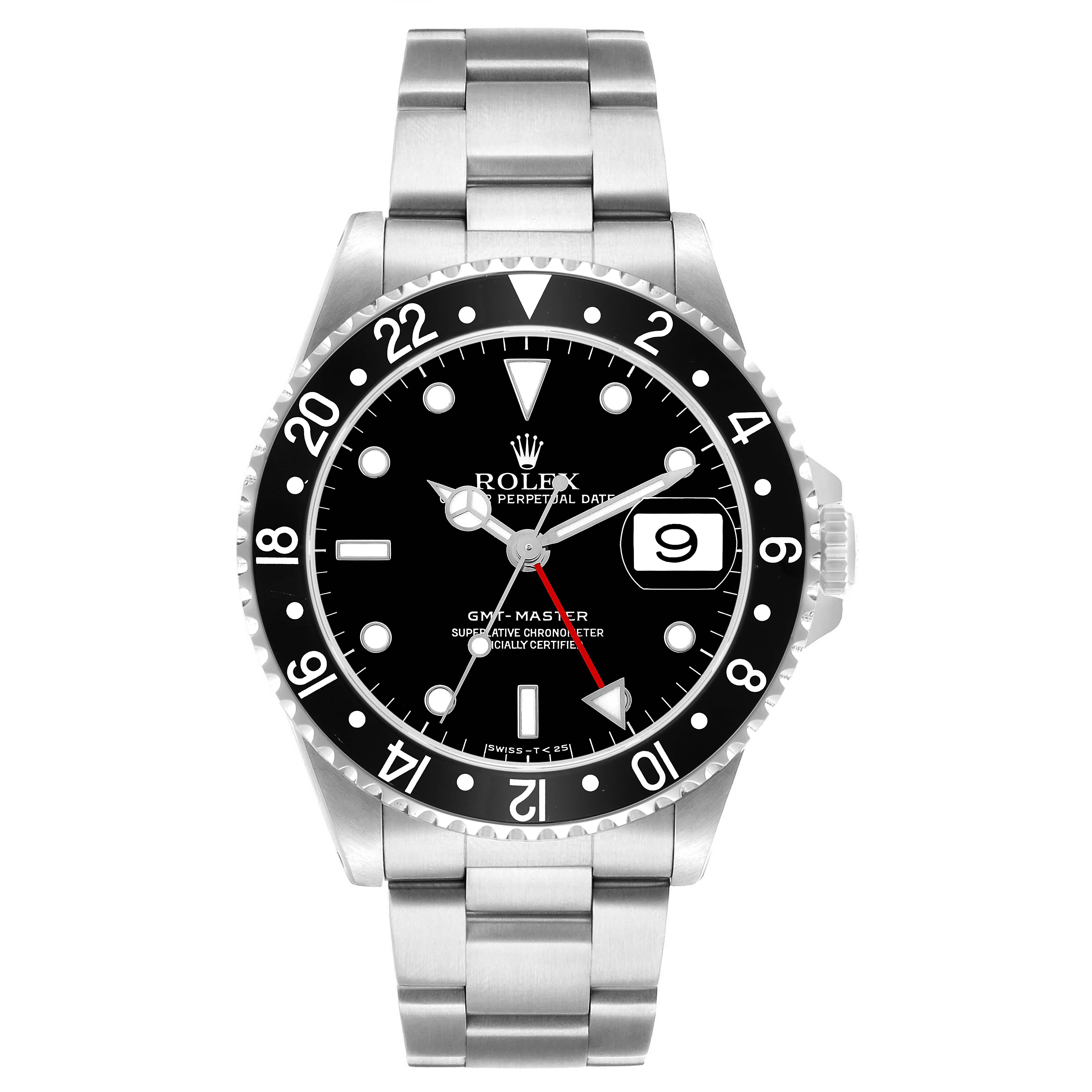 The Rolex GMT-Master 16700 Men's Stainless Steel Black Dial watch is shown from the front, displaying its bezel, dial, hands, and metal bracelet.