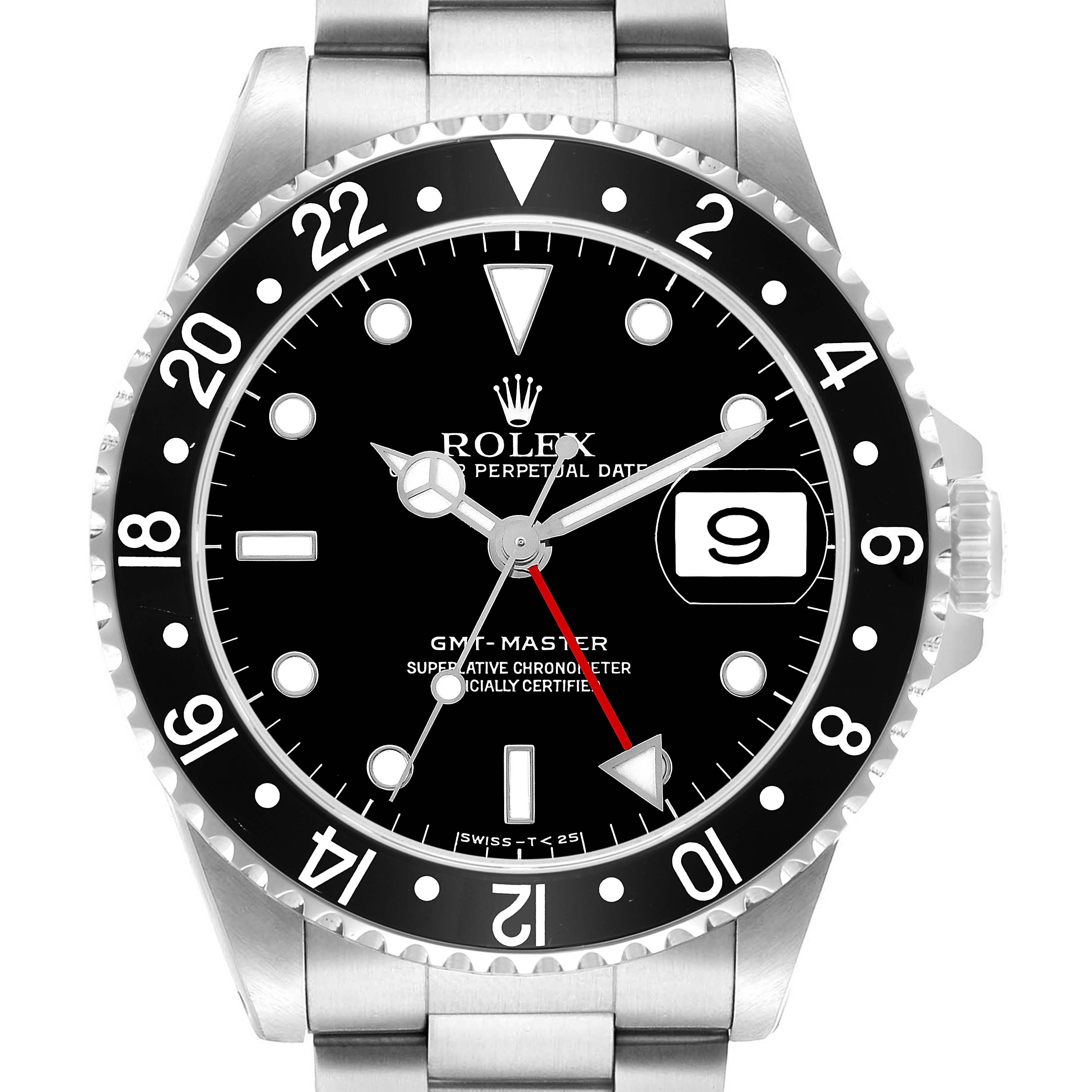 The Rolex GMT-Master 16700 Men's Stainless Steel Black Dial watch is shown from a front angle, featuring the dial, bezel, and bracelet.