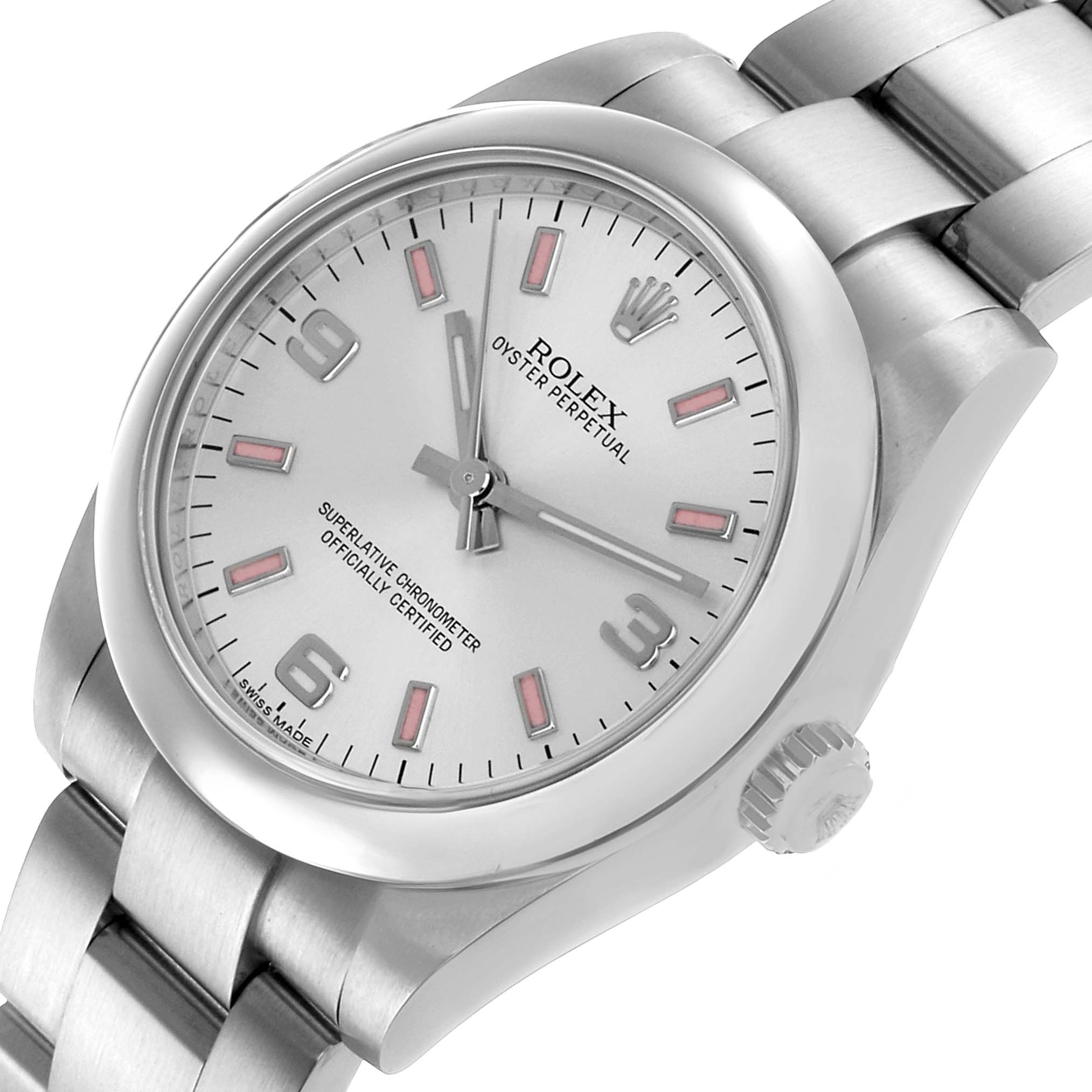 The Rolex Mid-Size 177200 Women's Stainless Steel Silver Dial watch is shown at an angled view, displaying the dial, bezel, crown, and part of the bracelet.