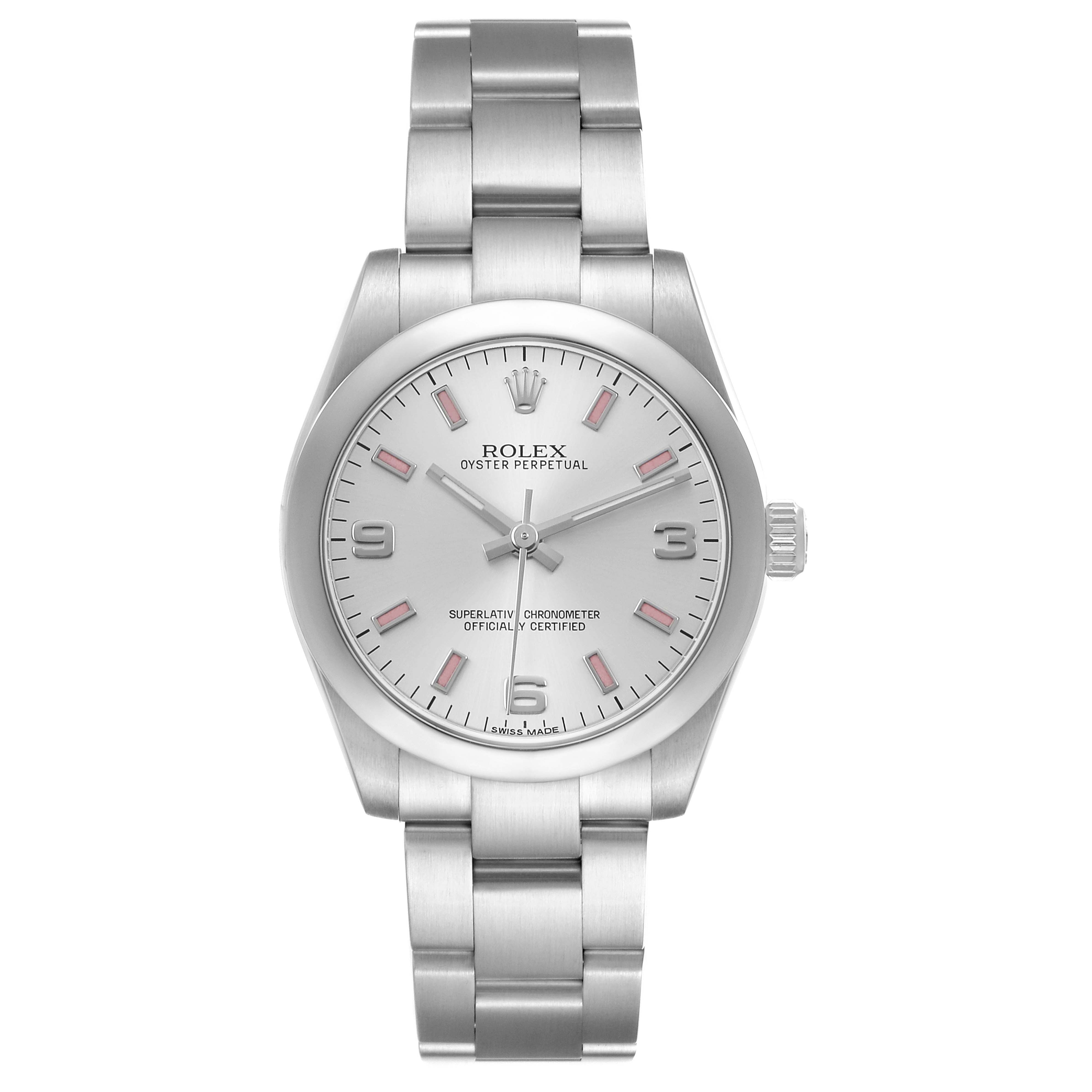 The Rolex Mid-Size 177200 Women's Stainless Steel Silver Dial watch is shown front-facing, displaying the dial, bezel, bracelet, and crown.