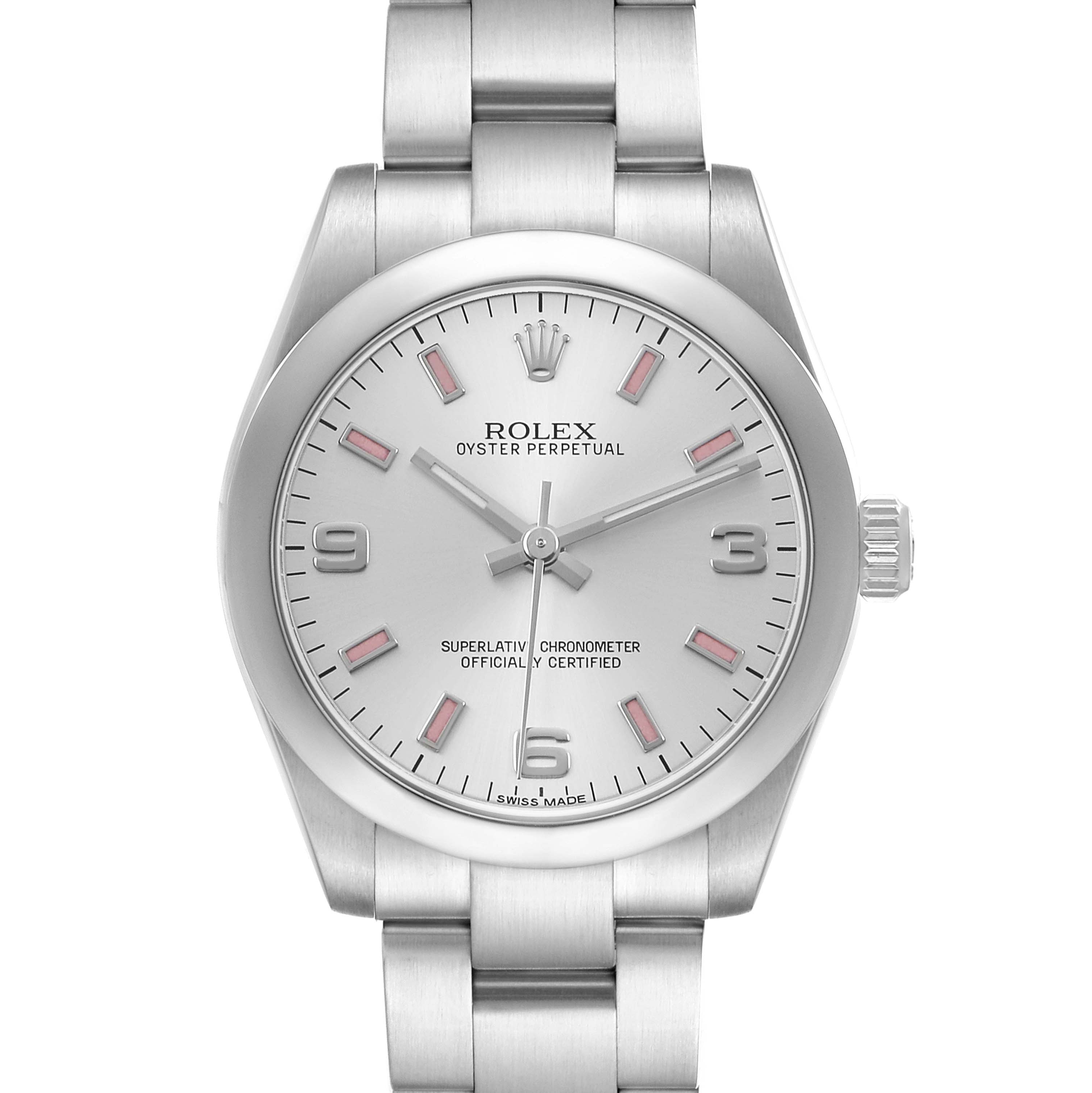The Rolex Mid-Size 177200 Women's Stainless Steel Silver Dial watch is shown from a front angle, highlighting the dial, bezel, and metal bracelet.