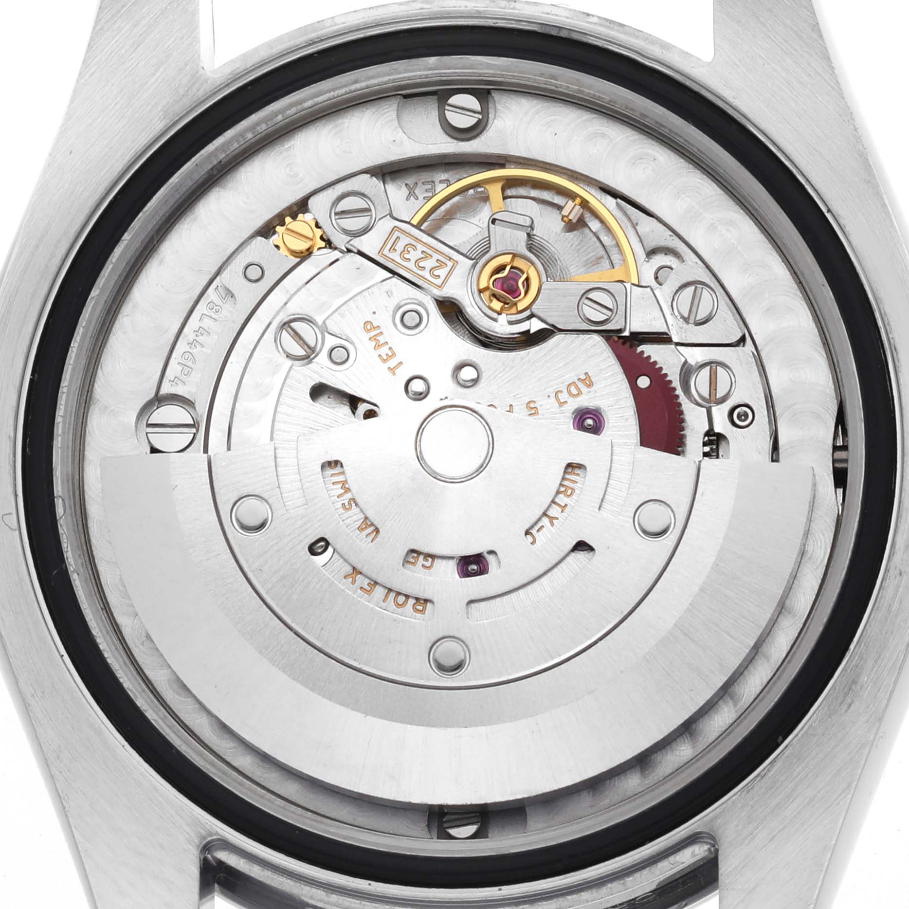 The image shows the back view of a Rolex Mid-Size 177200 Women's Stainless Steel Silver Dial model, highlighting the intricate movement components.
