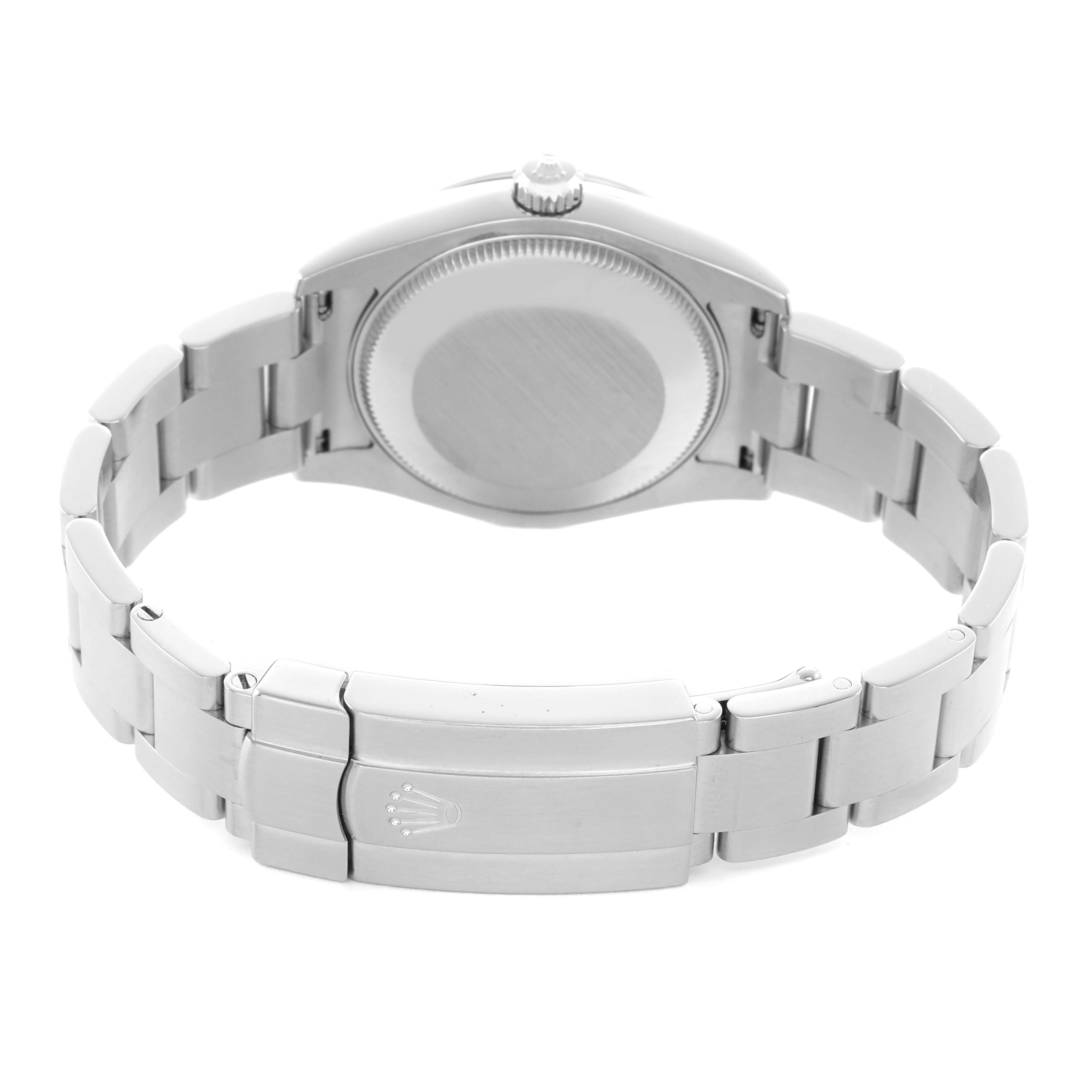 The Rolex Mid-Size 177200 Women's Stainless Steel Silver Dial watch is shown from the back, displaying the case back and bracelet with clasp.