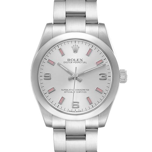 The Rolex Mid-Size 177200 Women's Stainless Steel Silver Dial watch is shown from the front, displaying its face, bezel, bracelet, and crown.