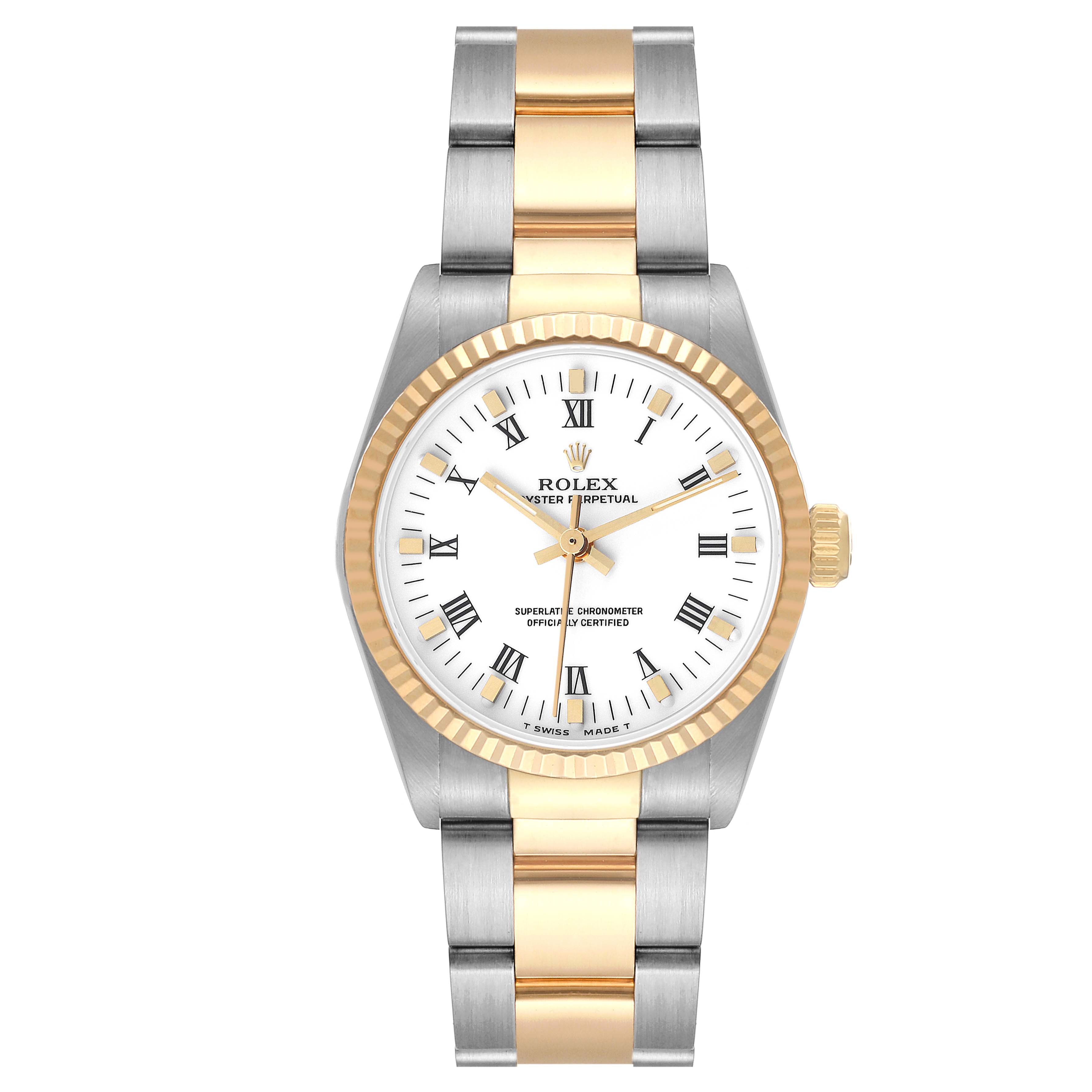 This image shows a front view of a Rolex Mid-Size 67513 Women
s Steel and Gold (two tone) White Dial 67513 Women
s Steel and Gold (two tone) White Dial model with a two-tone bracelet and a white Roman numeral dial.